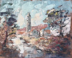 French Village Church Oil Painting with Bell Tower River and Autumn Woodland