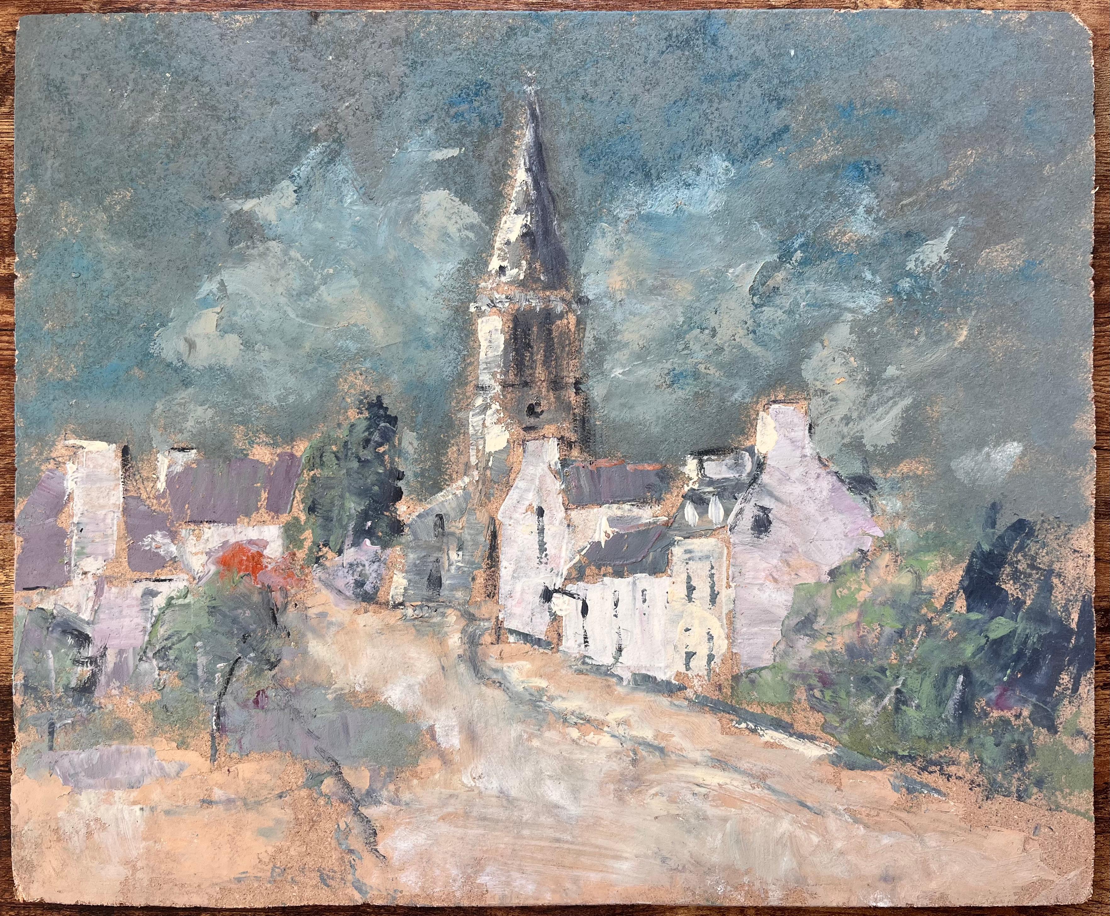 Französisches Dorfkirchenturm, Ölgemälde mit dramatischem Himmel und erdigem Palette, Französisch – Painting von Fanch Lel