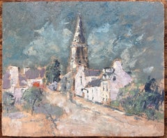 Pintura al Óleo Torre de Iglesia de Pueblo Francés con Cielo Dramático y Paleta Terrosa
