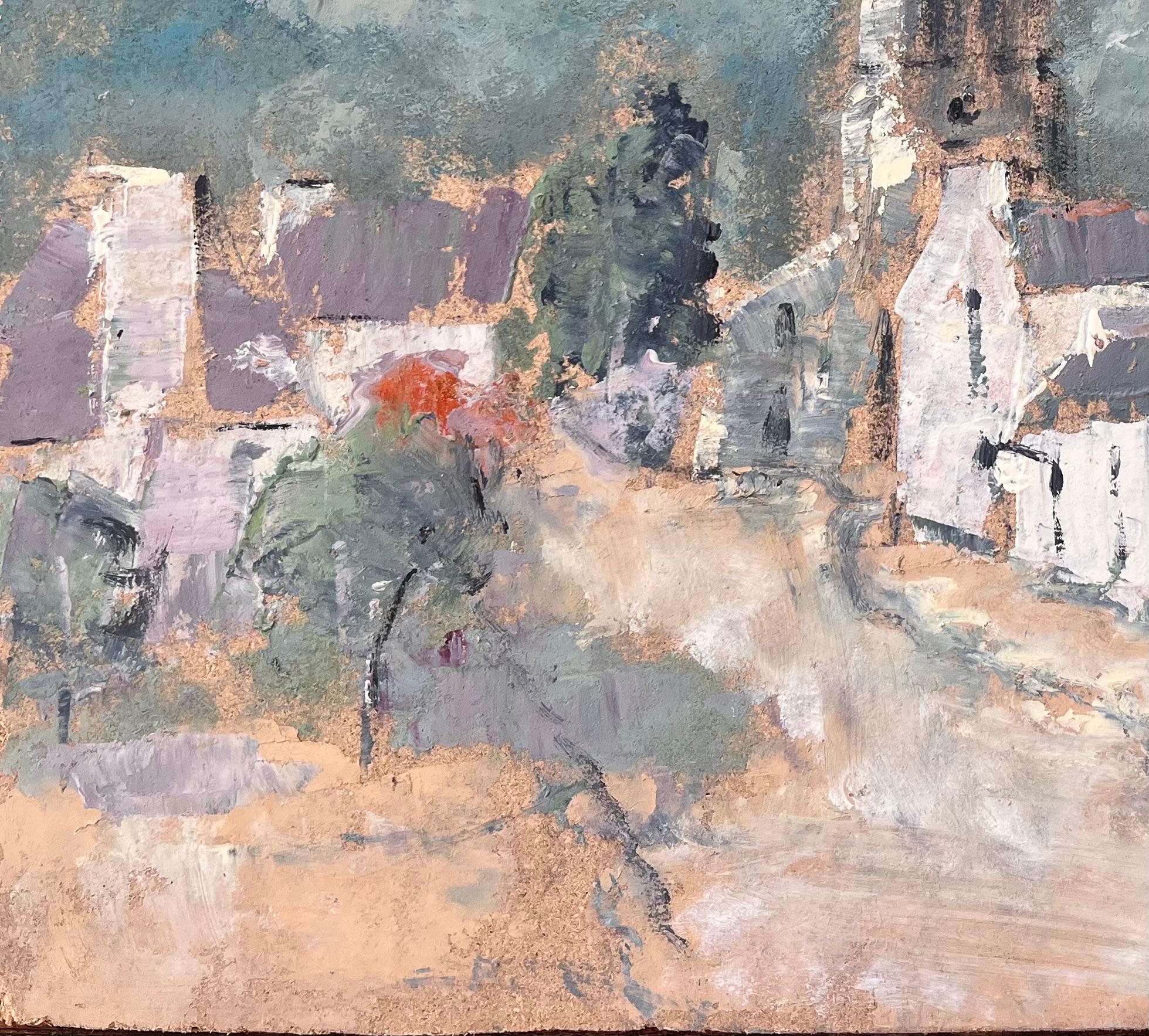 Französisches Dorfkirchenturm, Ölgemälde mit dramatischem Himmel und erdigem Palette, Französisch (Grau), Abstract Painting, von Fanch Lel
