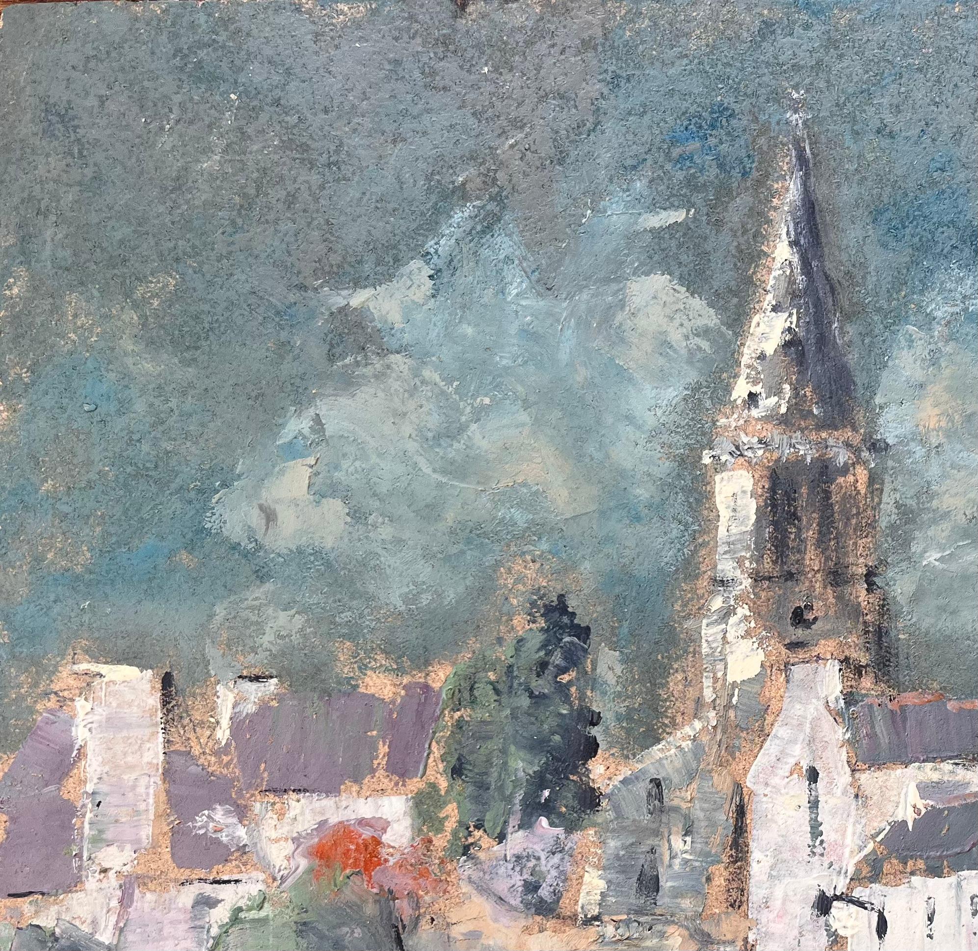 Titel: French Village Church's Tower Ölgemälde mit dramatischem Himmel und erdiger Palette
Von Fanch Lel
Größe: 15 x 18 Zoll (Höhe x Breite)
Ölgemälde auf Karton, ungerahmt
Zustand: Das Gemälde ist in gutem Zustand mit leichten Gebrauchsspuren an