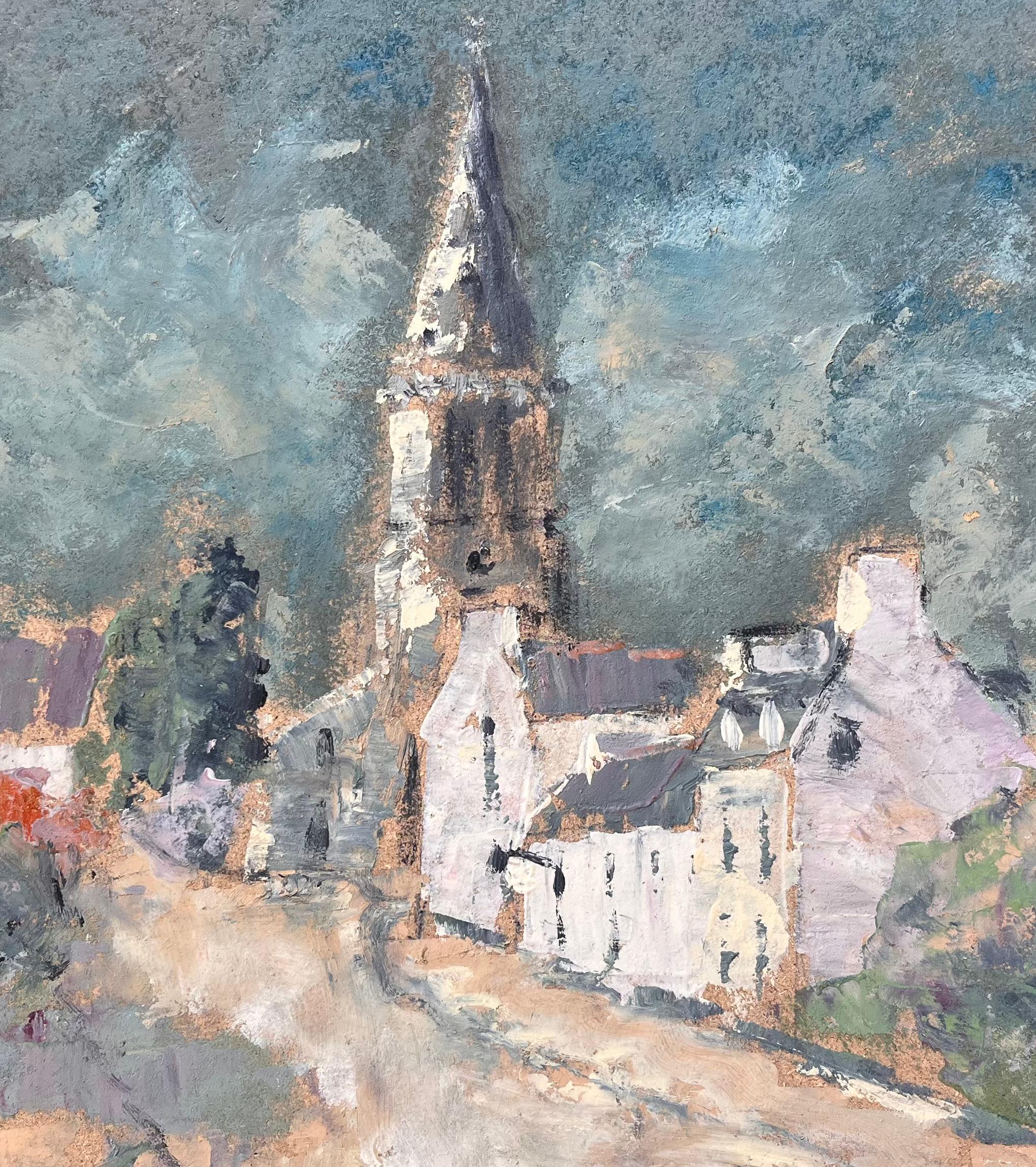 Französisches Dorfkirchenturm, Ölgemälde mit dramatischem Himmel und erdigem Palette, Französisch im Angebot 2