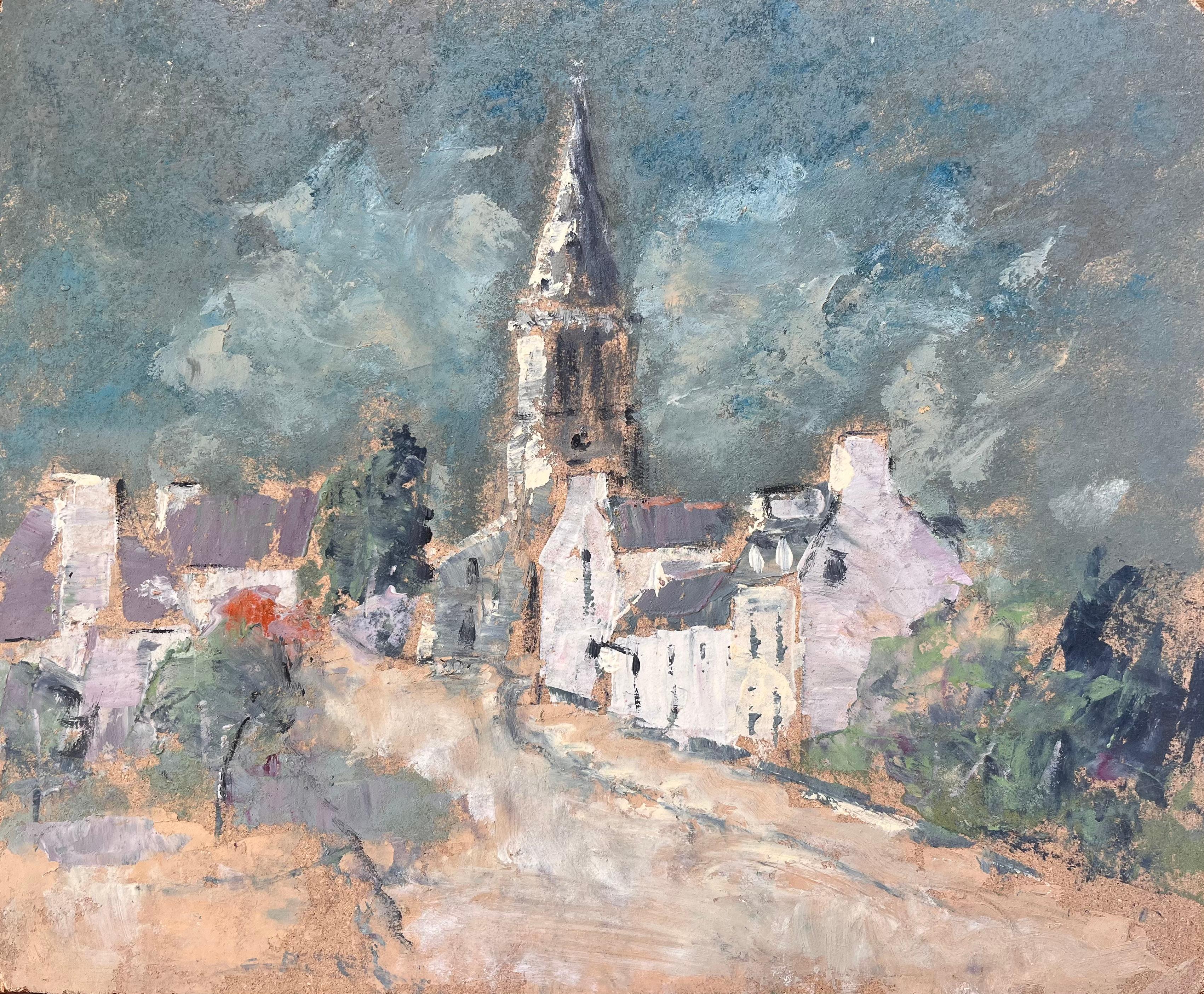 French Village Church Tower Oil Painting with Dramatic Sky and Earthy Palette