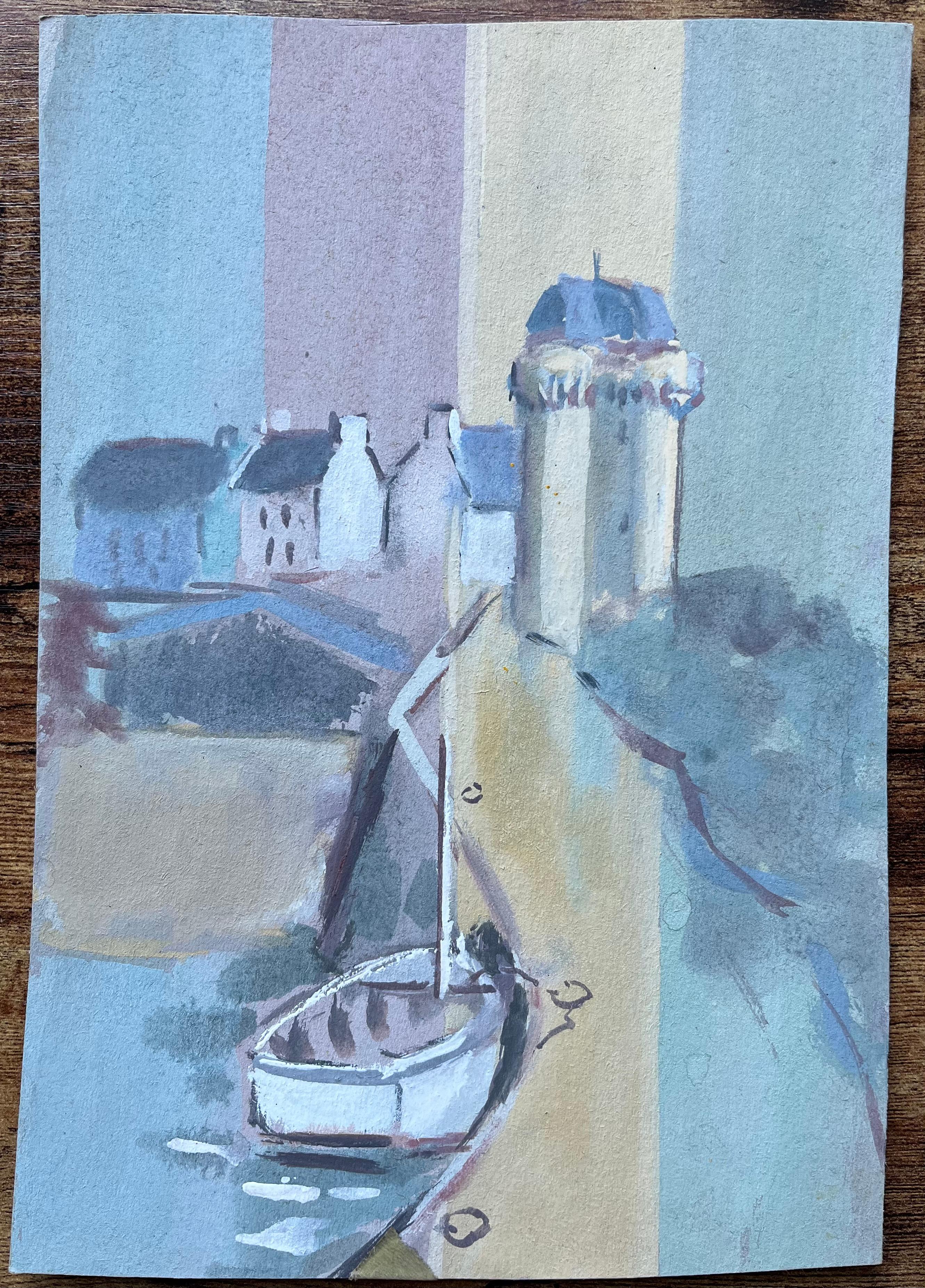 French Village Harbour Scene with Boat and Tower by Fanch Lel For Sale 1