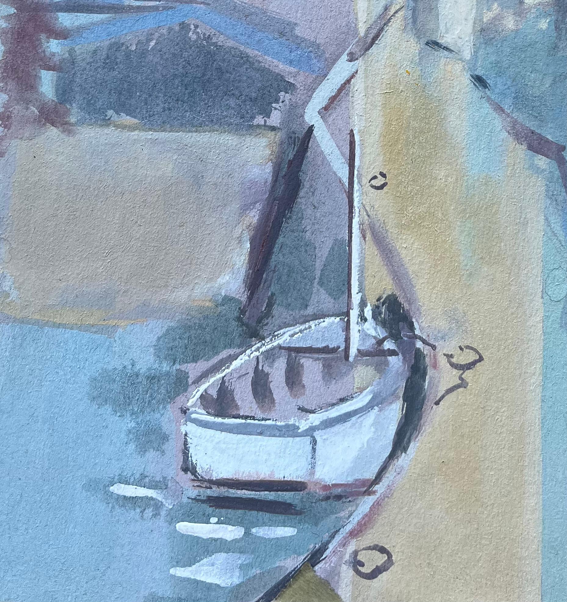French Village Harbour Scene with Boat and Tower by Fanch Lel For Sale 2