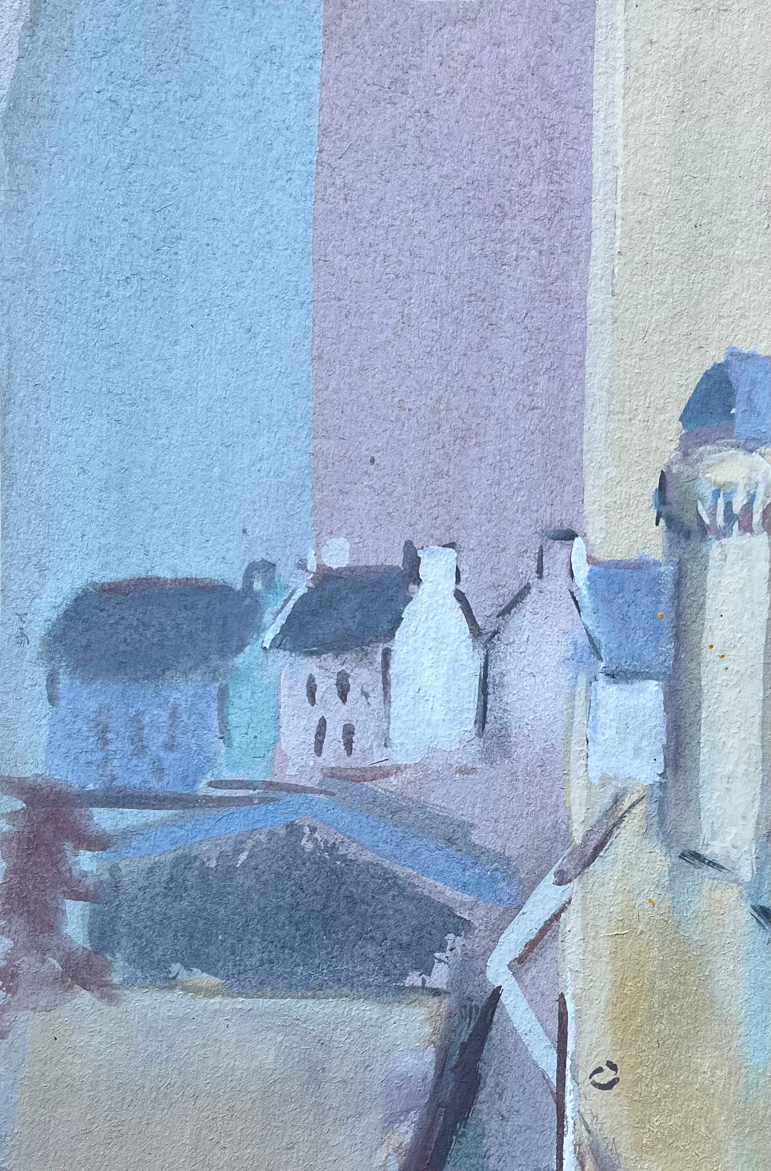 French Village Harbour Scene with Boat and Tower by Fanch Lel For Sale 4