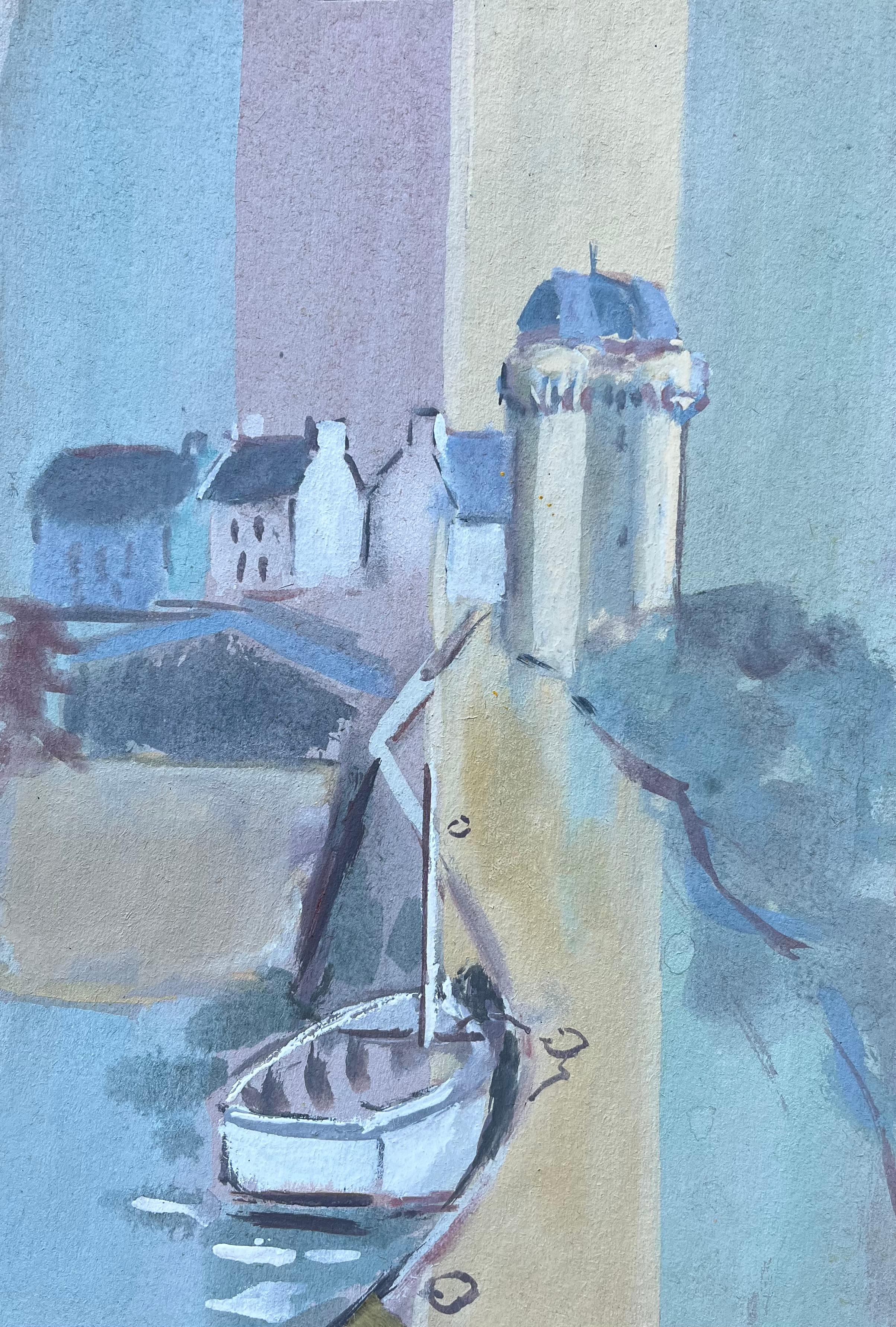 Title: French Village Harbour Scene with Boat and Tower by Fanch Lel
by Fanche Lel
Size: 10.5 inches (height) x 7.25 inches (width)
Gouache painting on card, unframed
Condition: The painting is in good condition, with minor signs of handling at the