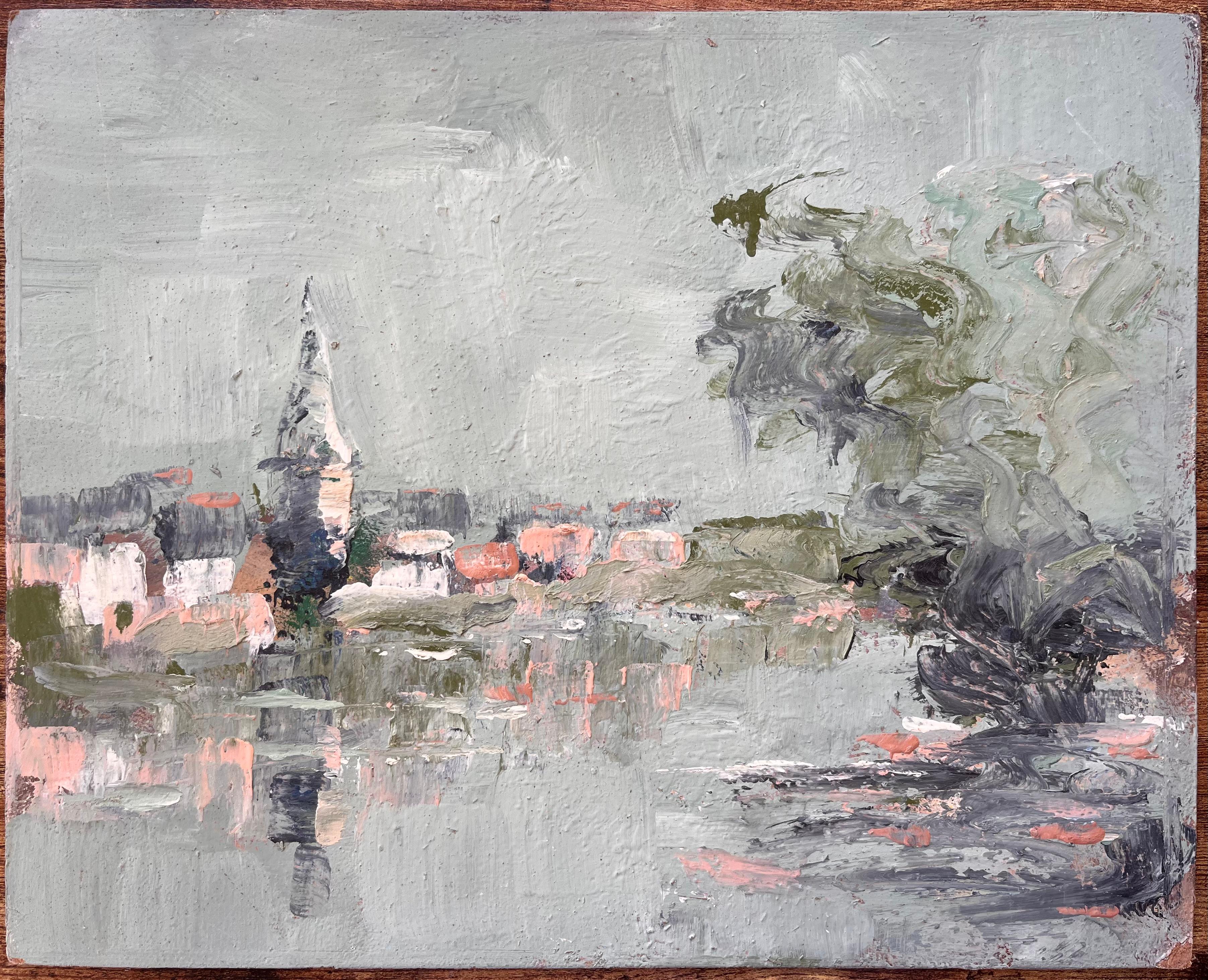 Französische Dorflandschaft Ölgemälde mit Kirchturmspiegelung und Baum – Painting von Fanch Lel