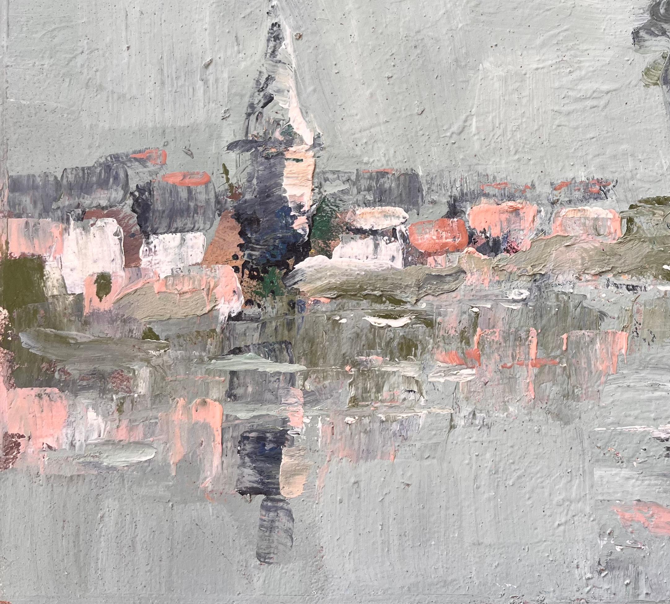 Französische Dorflandschaft Ölgemälde mit Kirchturmspiegelung und Baum (Impressionismus), Painting, von Fanch Lel