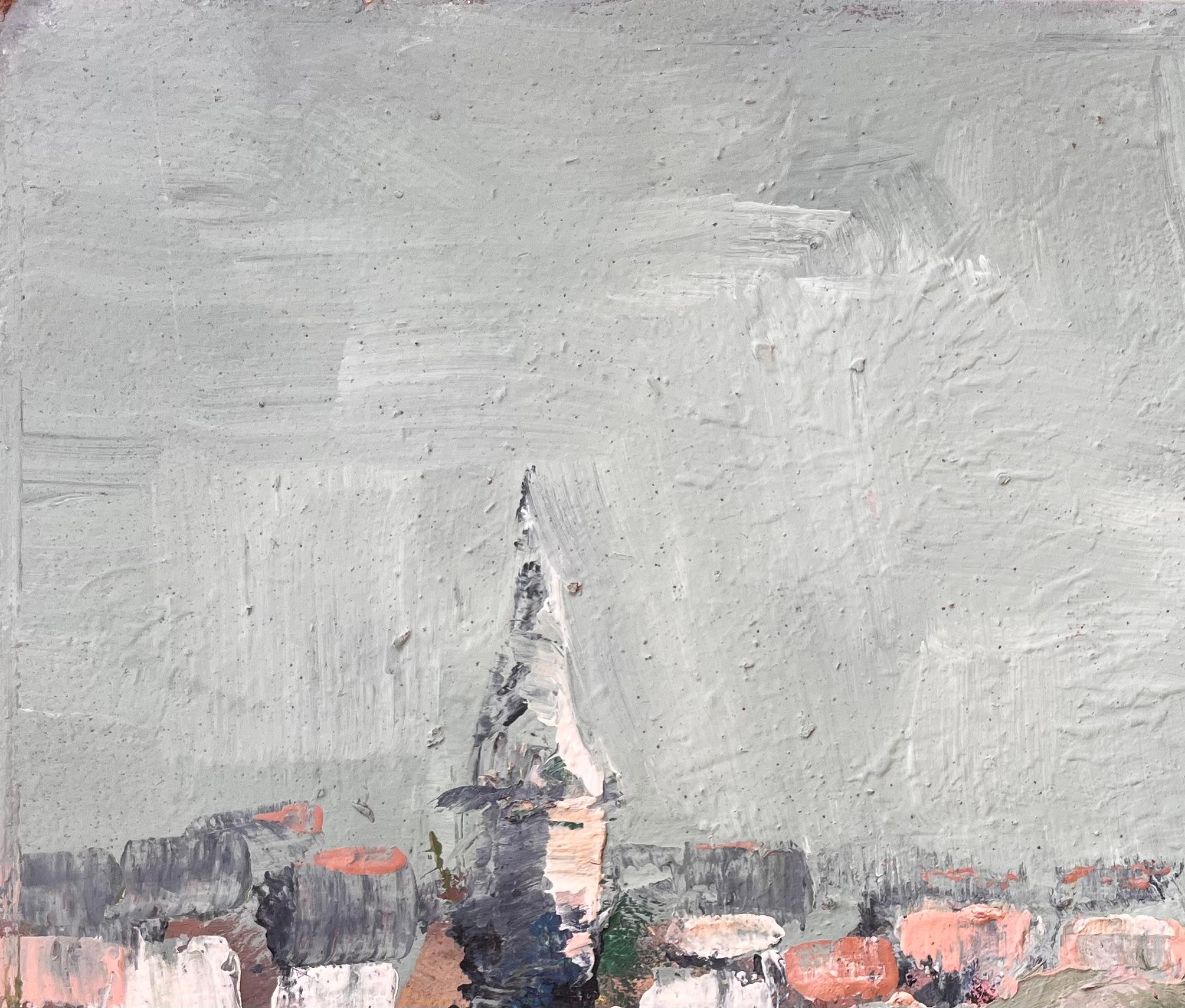 Französische Dorflandschaft Ölgemälde mit Kirchturmspiegelung und Baum (Grau), Abstract Painting, von Fanch Lel