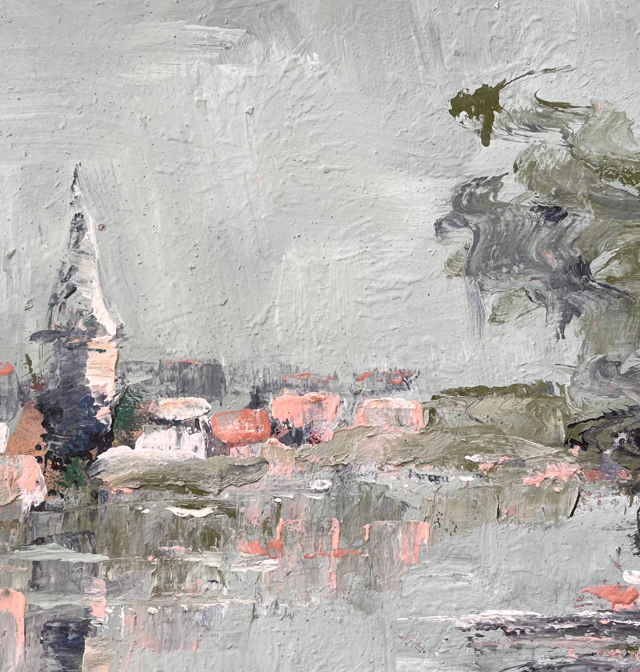 Französische Dorflandschaft Ölgemälde mit Kirchturmspiegelung und Baum im Angebot 2