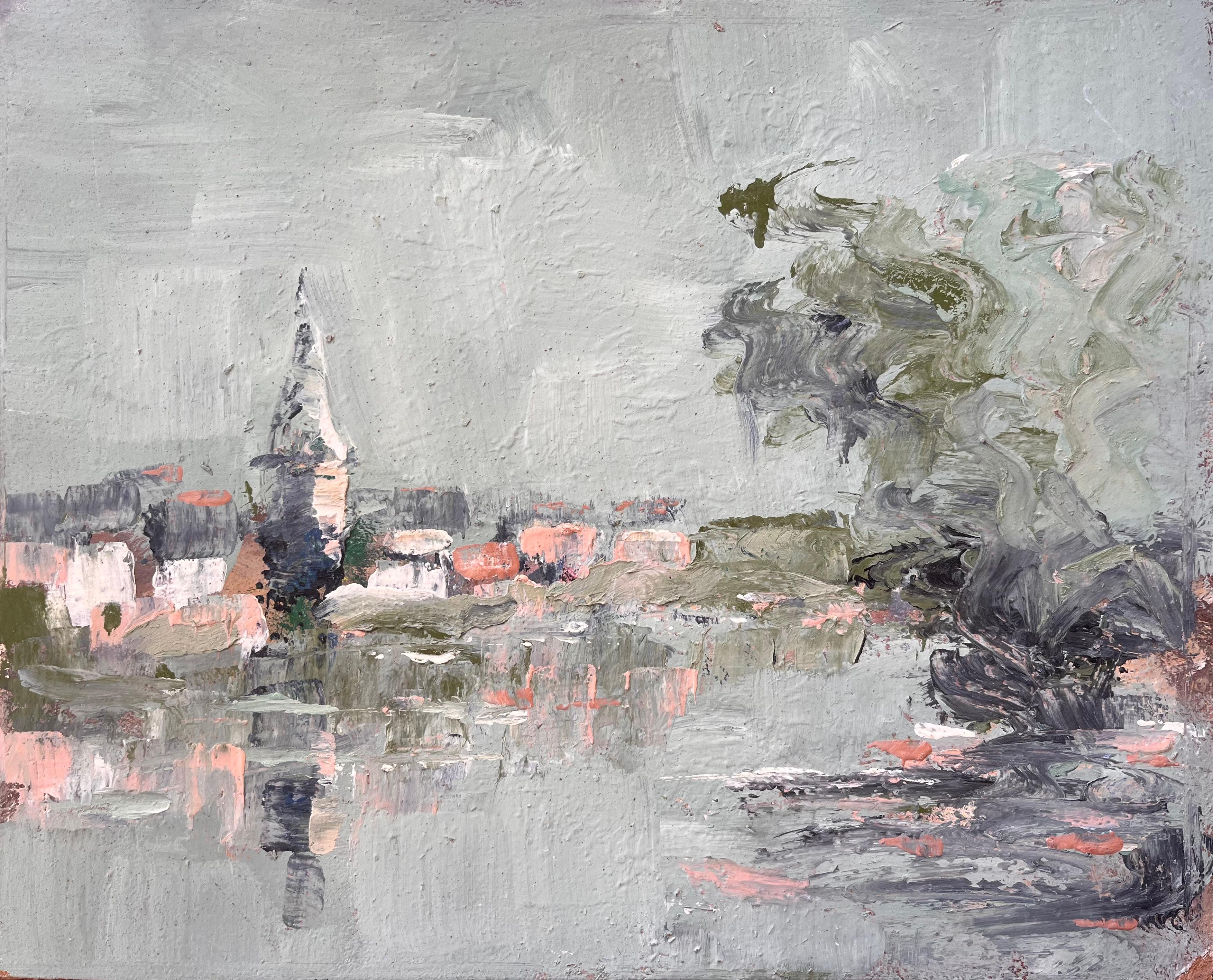 Peinture à l'huile d'un paysage de village français avec reflet en spirale d'église et arbre