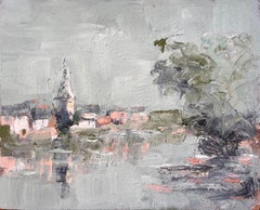French Village Landscape Oil Painting with Church Spire Reflection and Tree