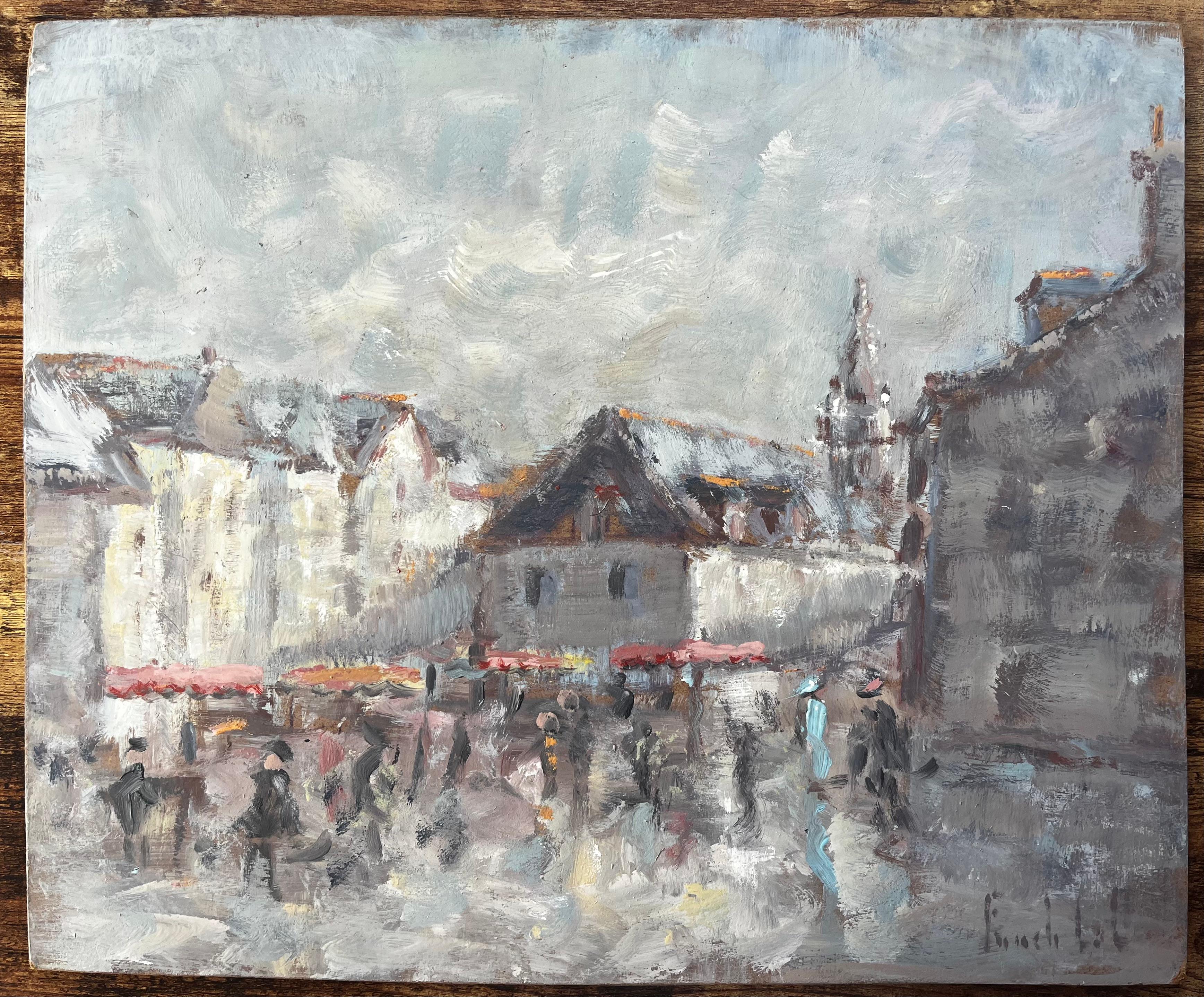 Scena di mercato di un villaggio francese con figure e torre della chiesa Pittura impressionista - Painting di Fanch Lel