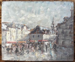 French Village Market Scene With Figures and Church Tower Impressionist Painting