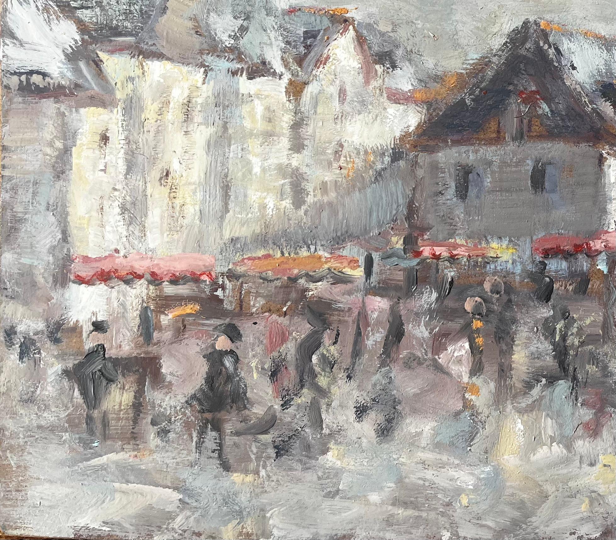 Scena di mercato di un villaggio francese con figure e torre della chiesa Pittura impressionista - Landscape Painting Grigio di Fanch Lel