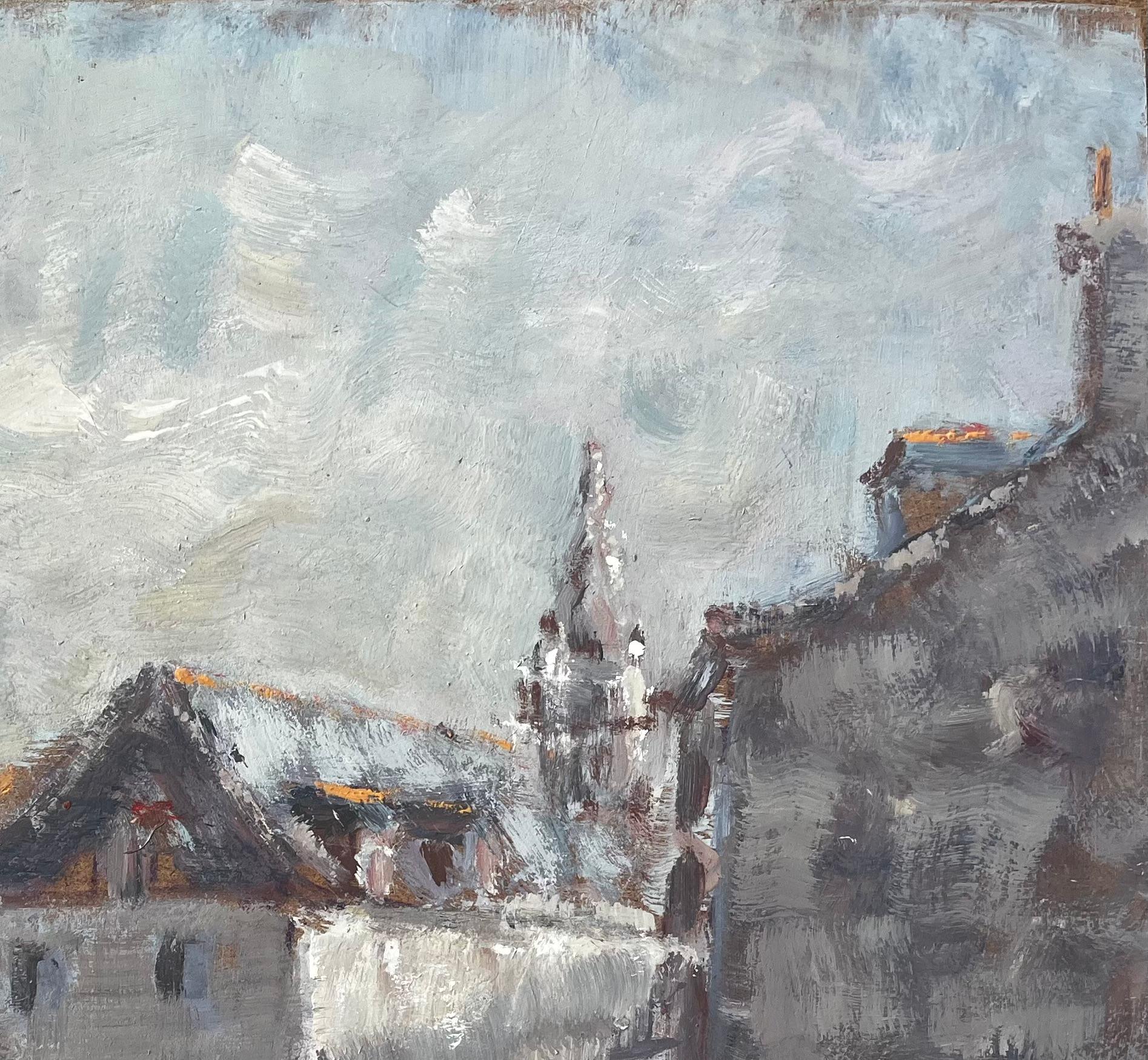Scena di mercato di un villaggio francese con figure e torre della chiesa Pittura impressionista in vendita 1