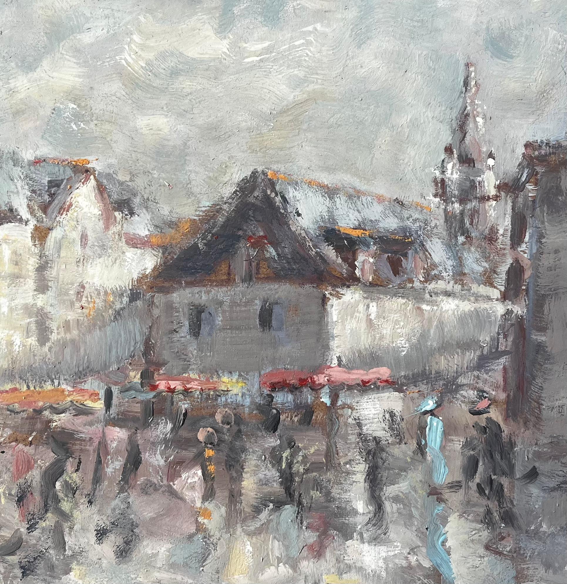 Scena di mercato di un villaggio francese con figure e torre della chiesa Pittura impressionista in vendita 2