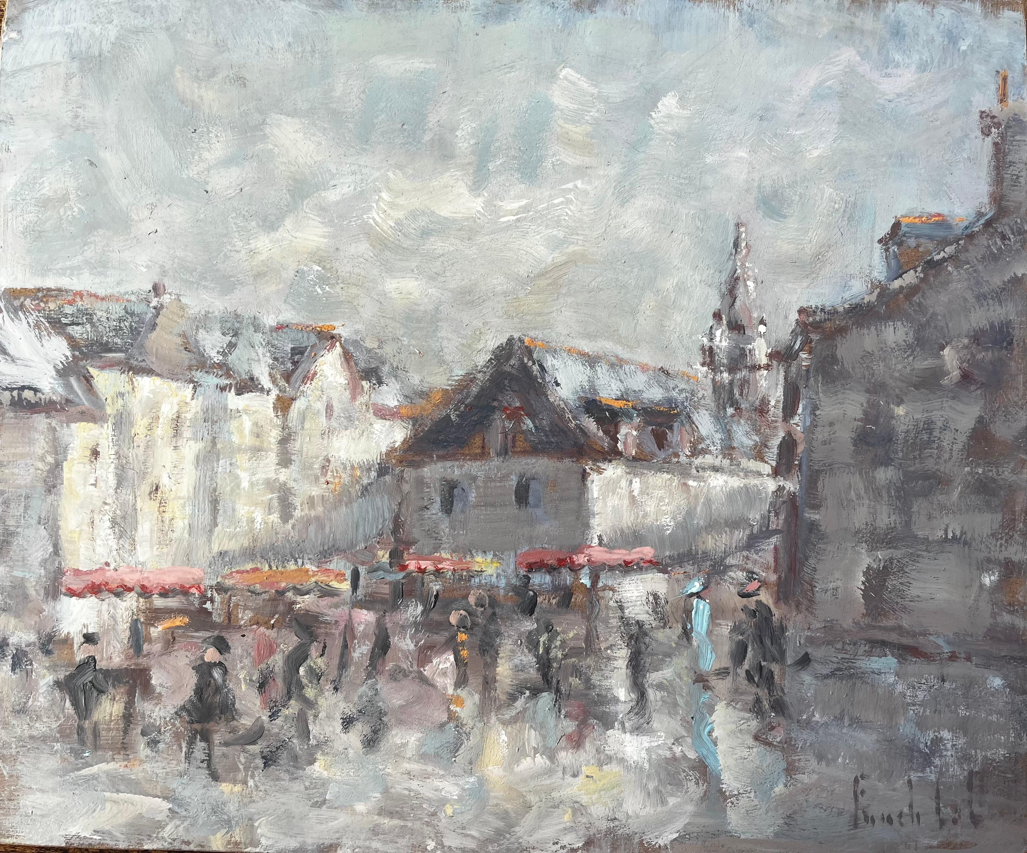 French Village Market Scene With Figures and Church Tower Impressionist Painting