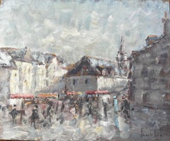 French Village Market Scene With Figures and Church Tower Impressionist Painting