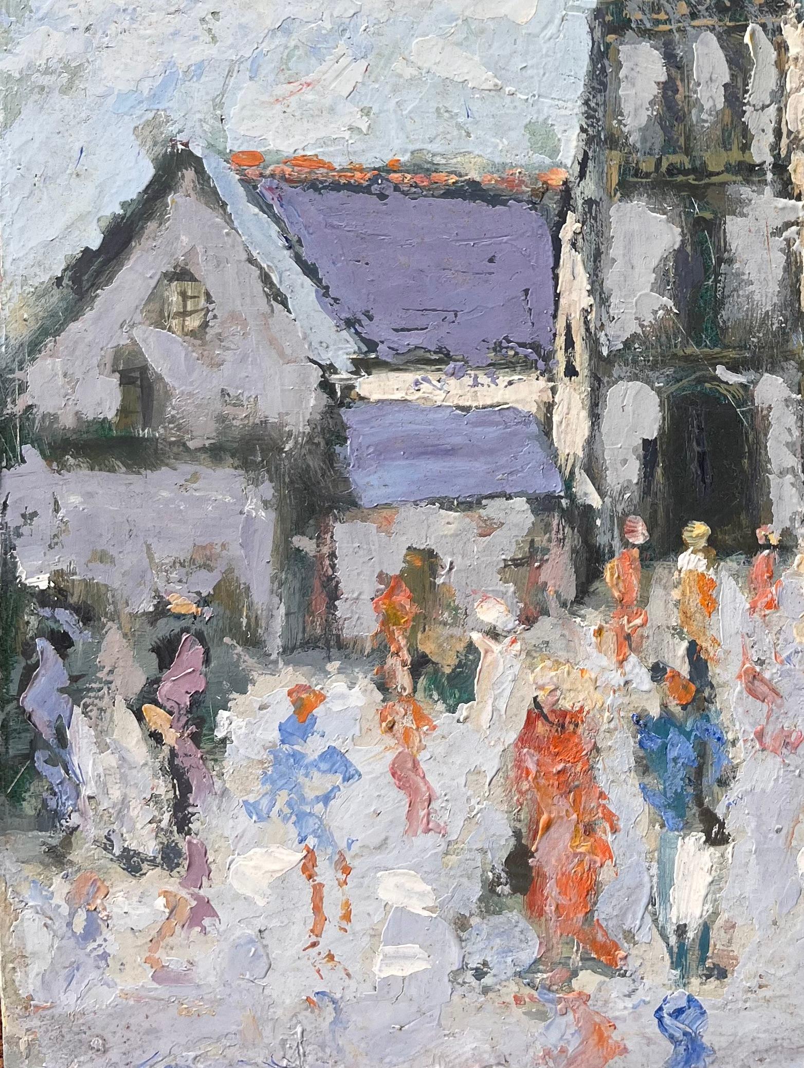 Processione in un villaggio francese con campanile e figure colorate sotto il cielo blu - Painting Impressionismo di Fanch Lel
