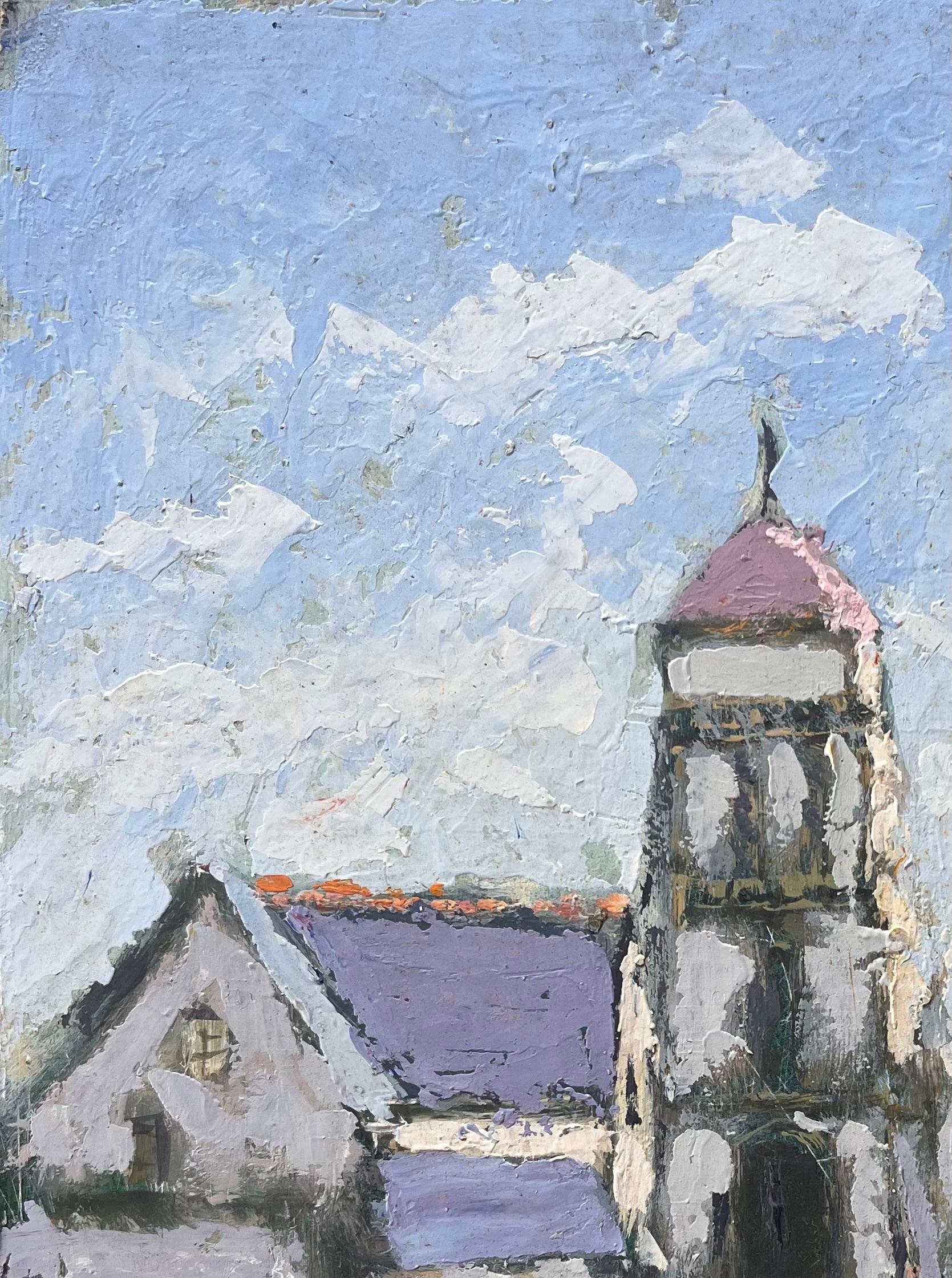 Processione in un villaggio francese con campanile e figure colorate sotto il cielo blu - Still-Life Painting Grigio di Fanch Lel