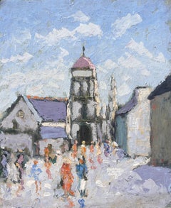 Procession de villages français avec tour d'église et personnages colorés sous le ciel bleu