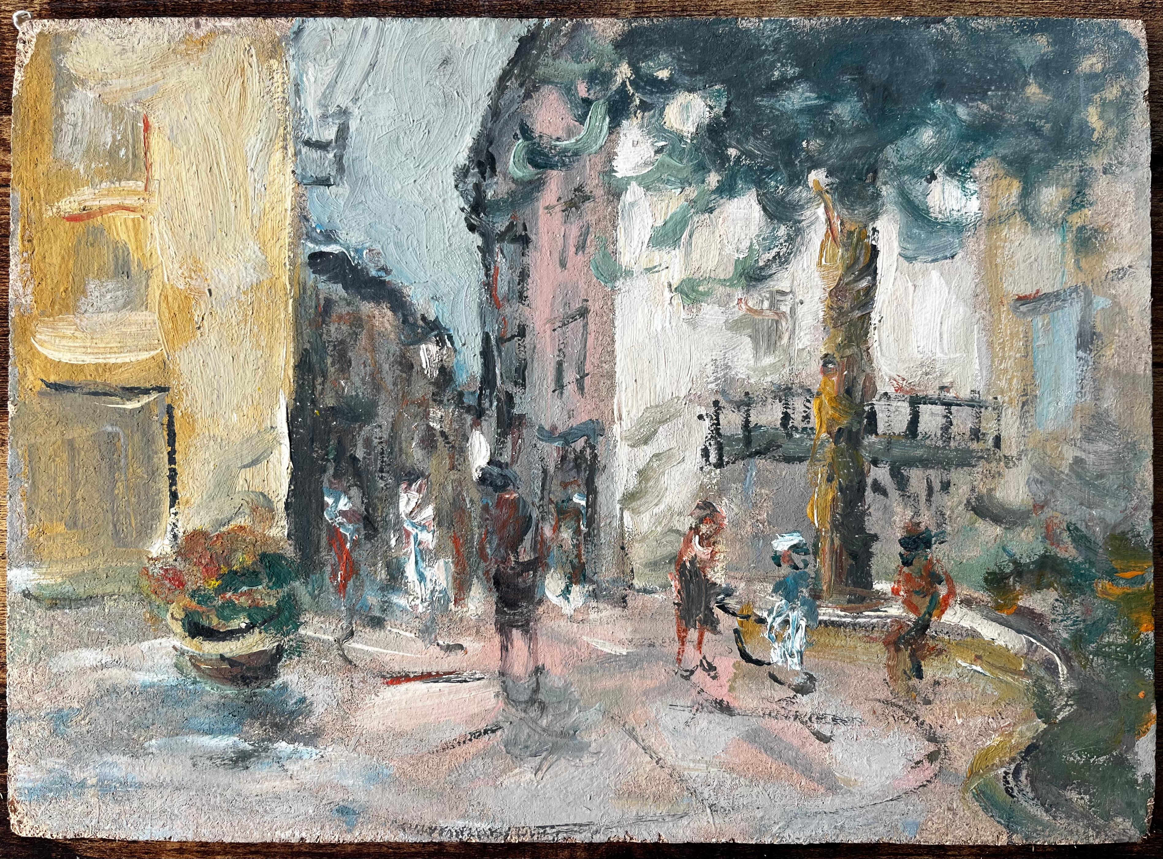 French Village Square with Figures Playing under Trees by Fanch Lel For Sale 1