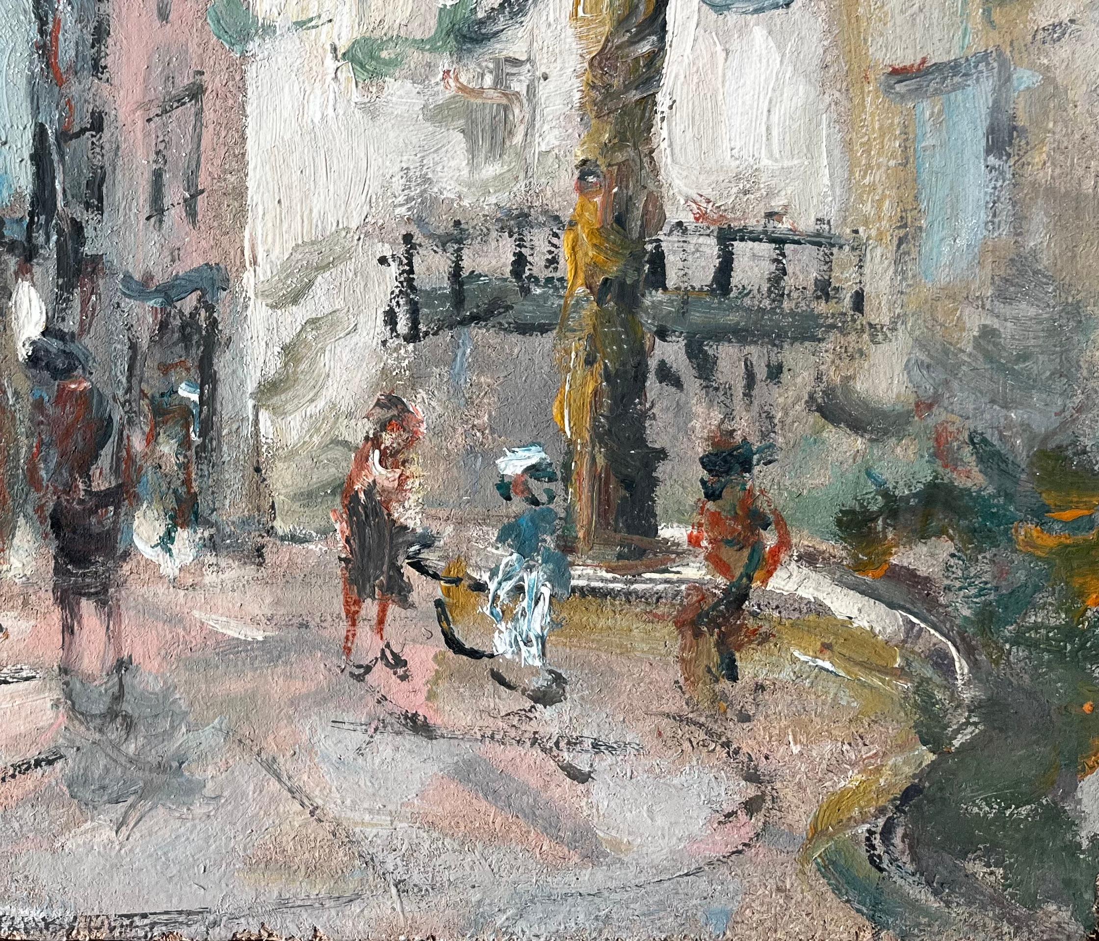 French Village Square with Figures Playing under Trees by Fanch Lel For Sale 2