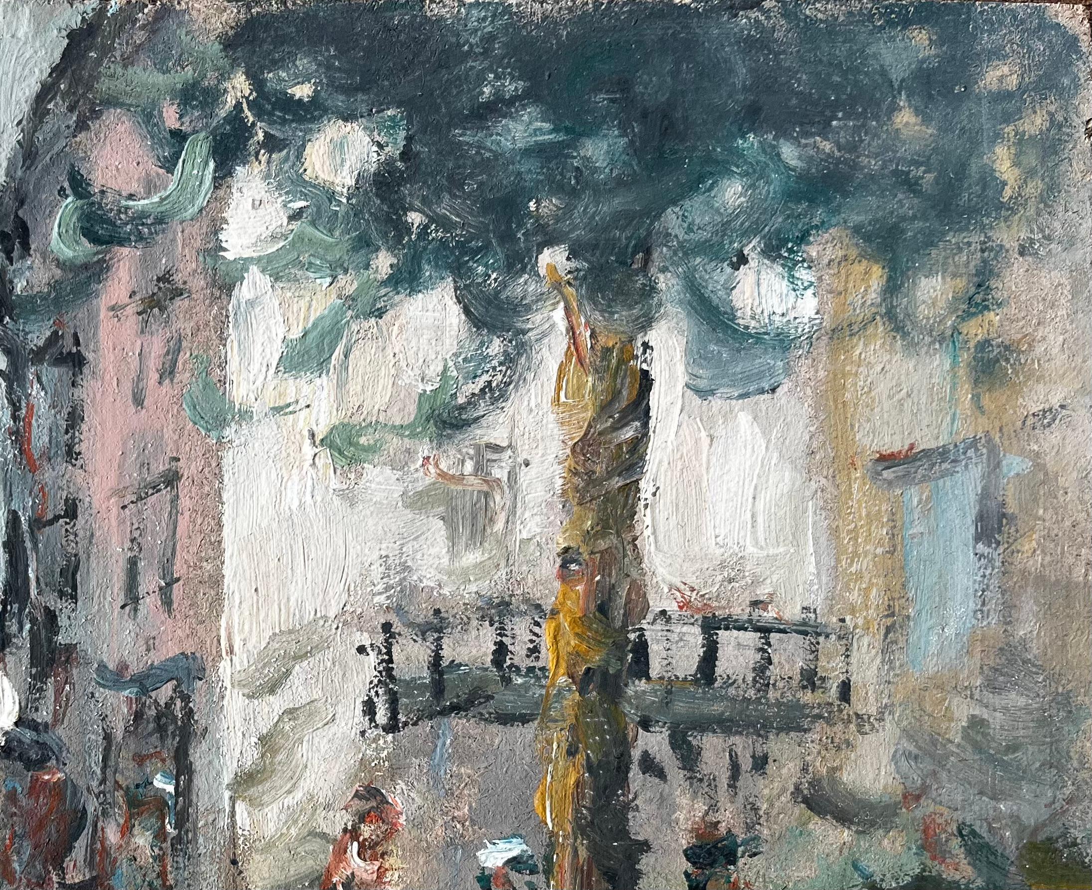 French Village Square with Figures Playing under Trees by Fanch Lel For Sale 3