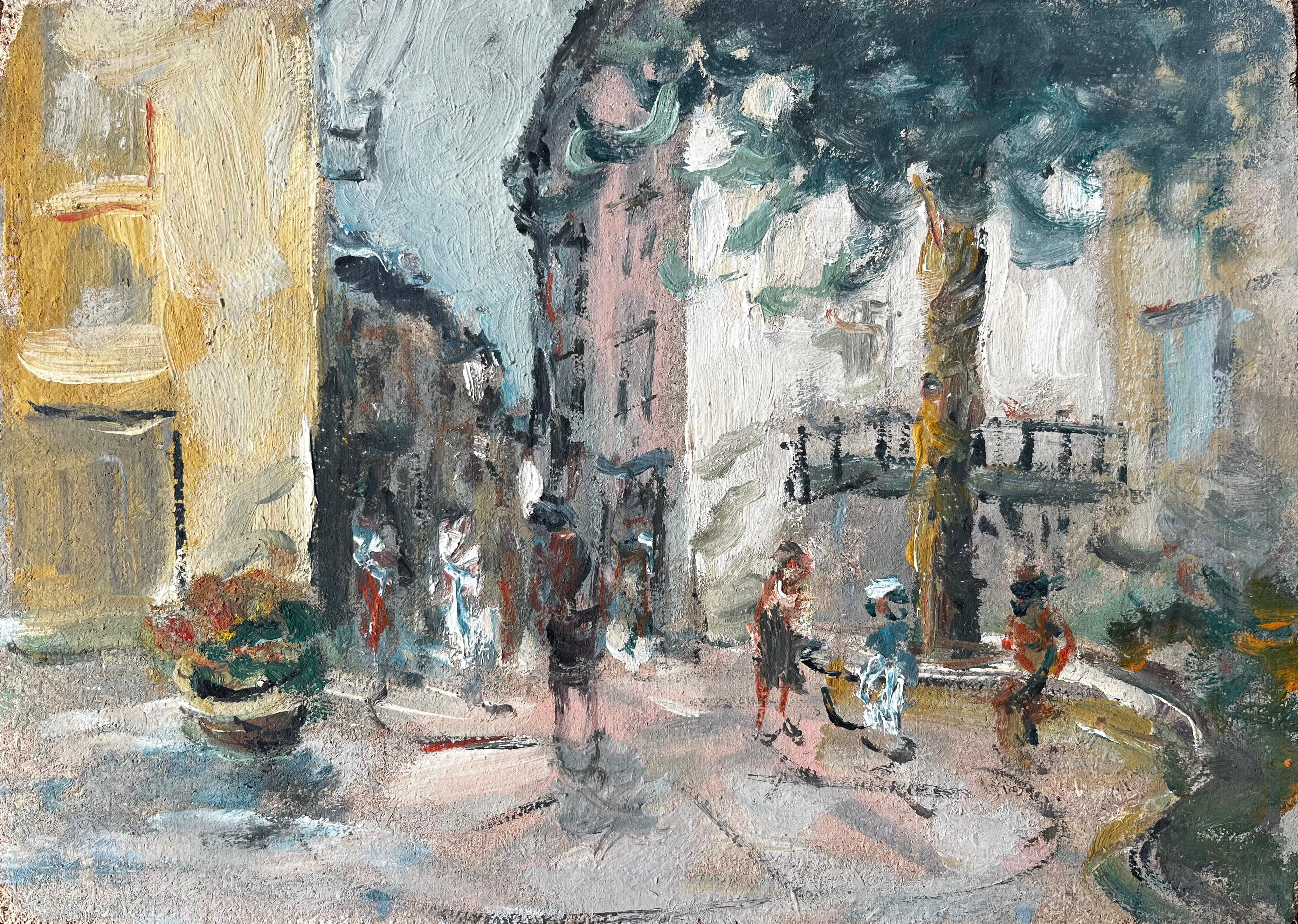 French Village Square with Figures Playing under Trees by Fanch Lel