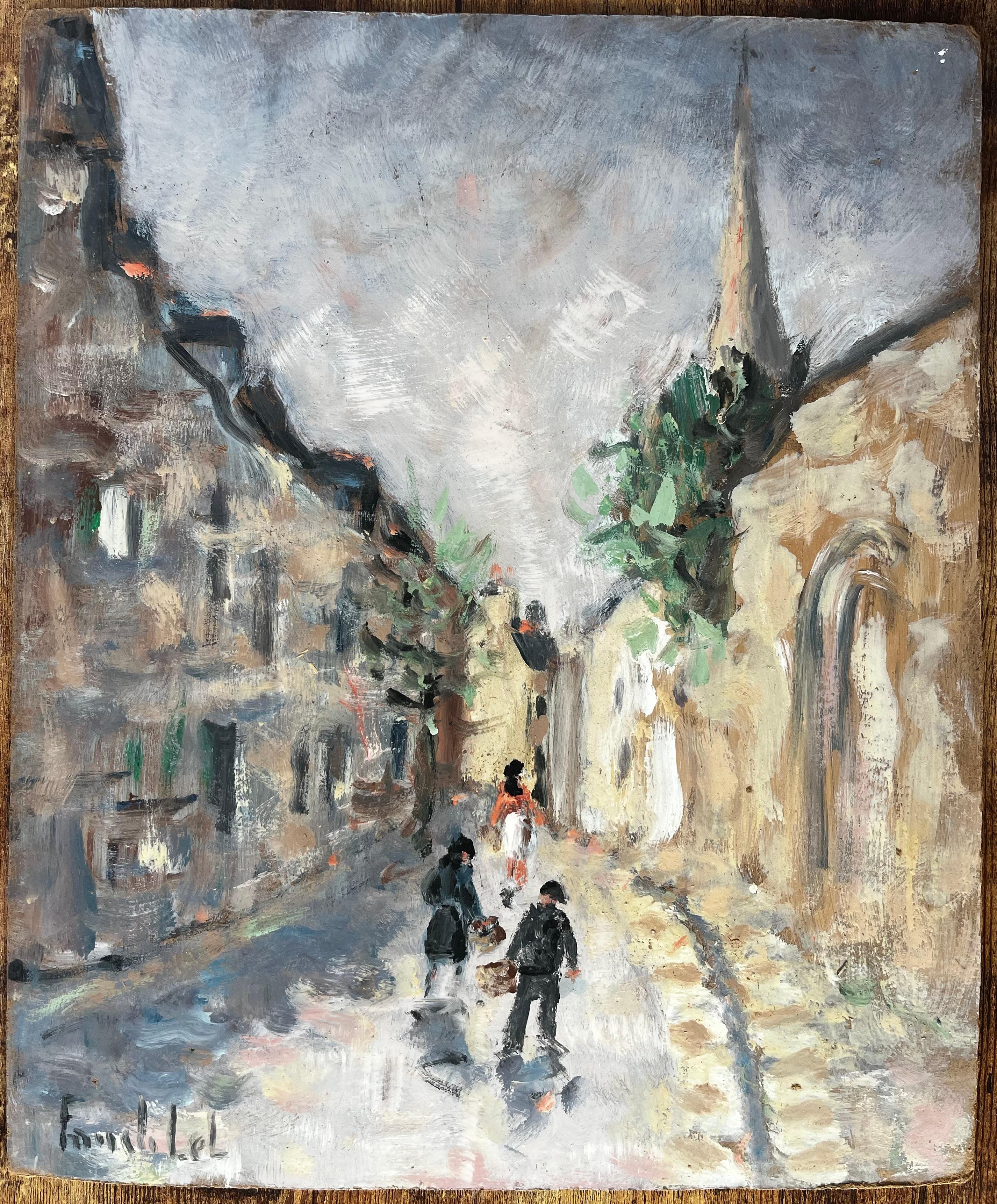 Scène de rue d'un village français avec personnages, Church's et flèche dans le style impressionniste - Painting de Fanch Lel