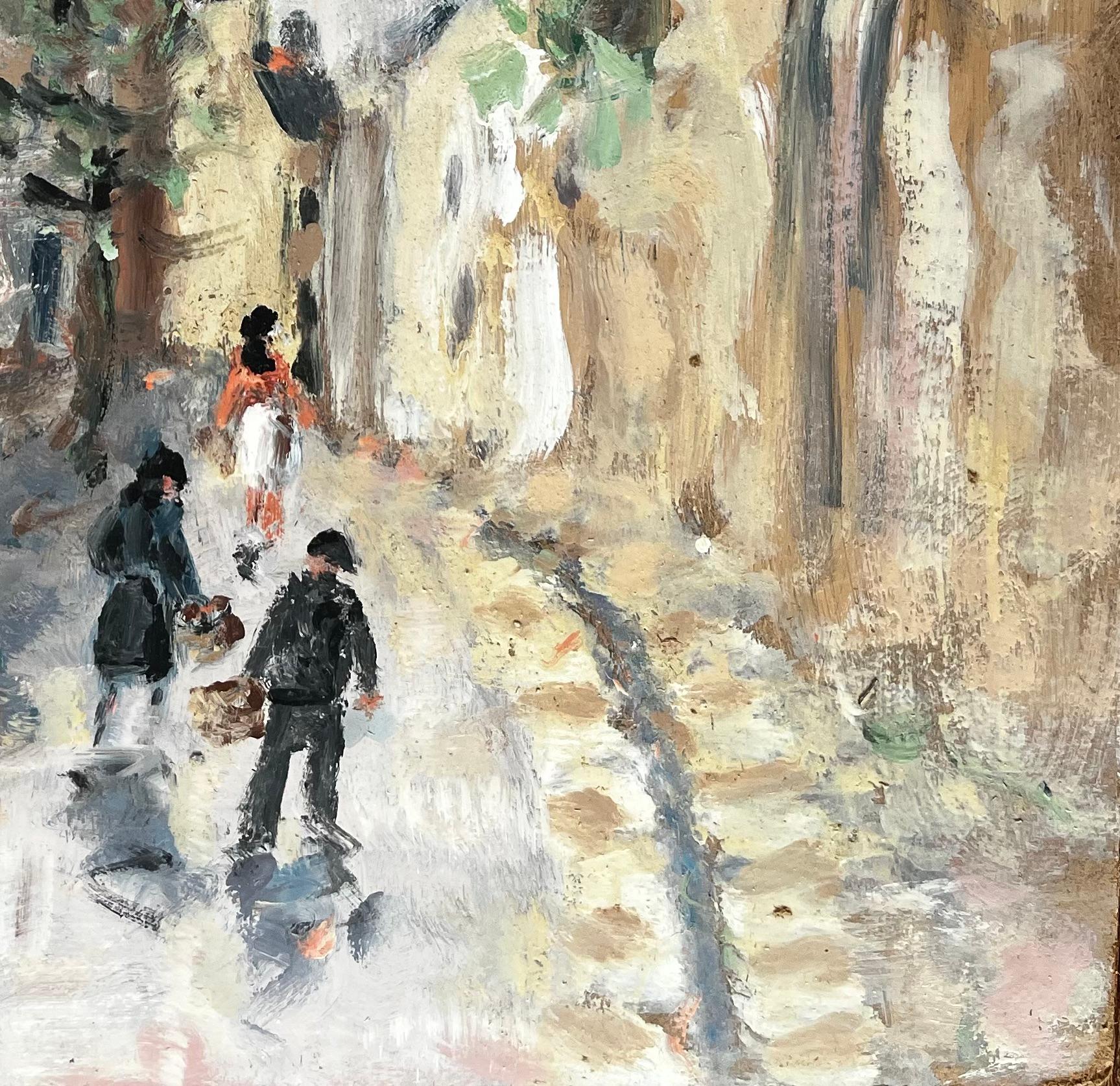 Scène de rue d'un village français avec personnages, Church's et flèche dans le style impressionniste - Impressionnisme Painting par Fanch Lel