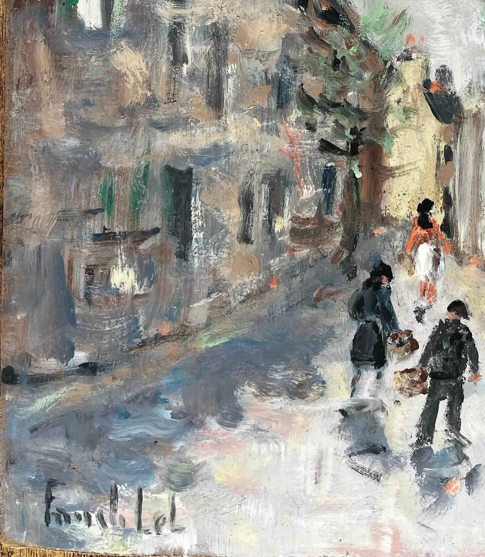 Scène de rue d'un village français avec personnages, Church's et flèche dans le style impressionniste - Gris Landscape Painting par Fanch Lel