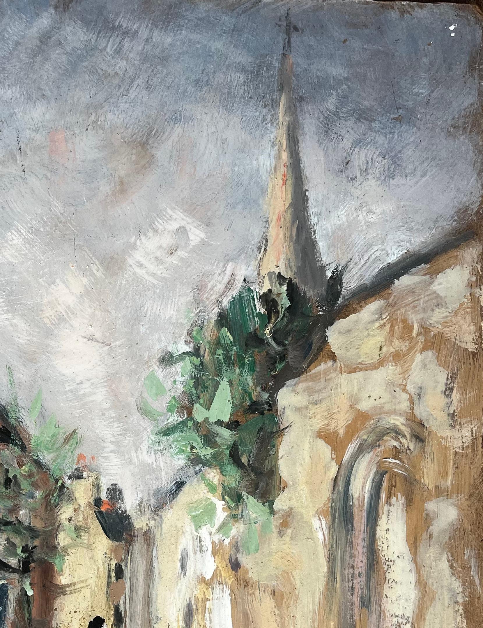 Scène de rue d'un village français avec personnages, Church's et flèche dans le style impressionniste en vente 1