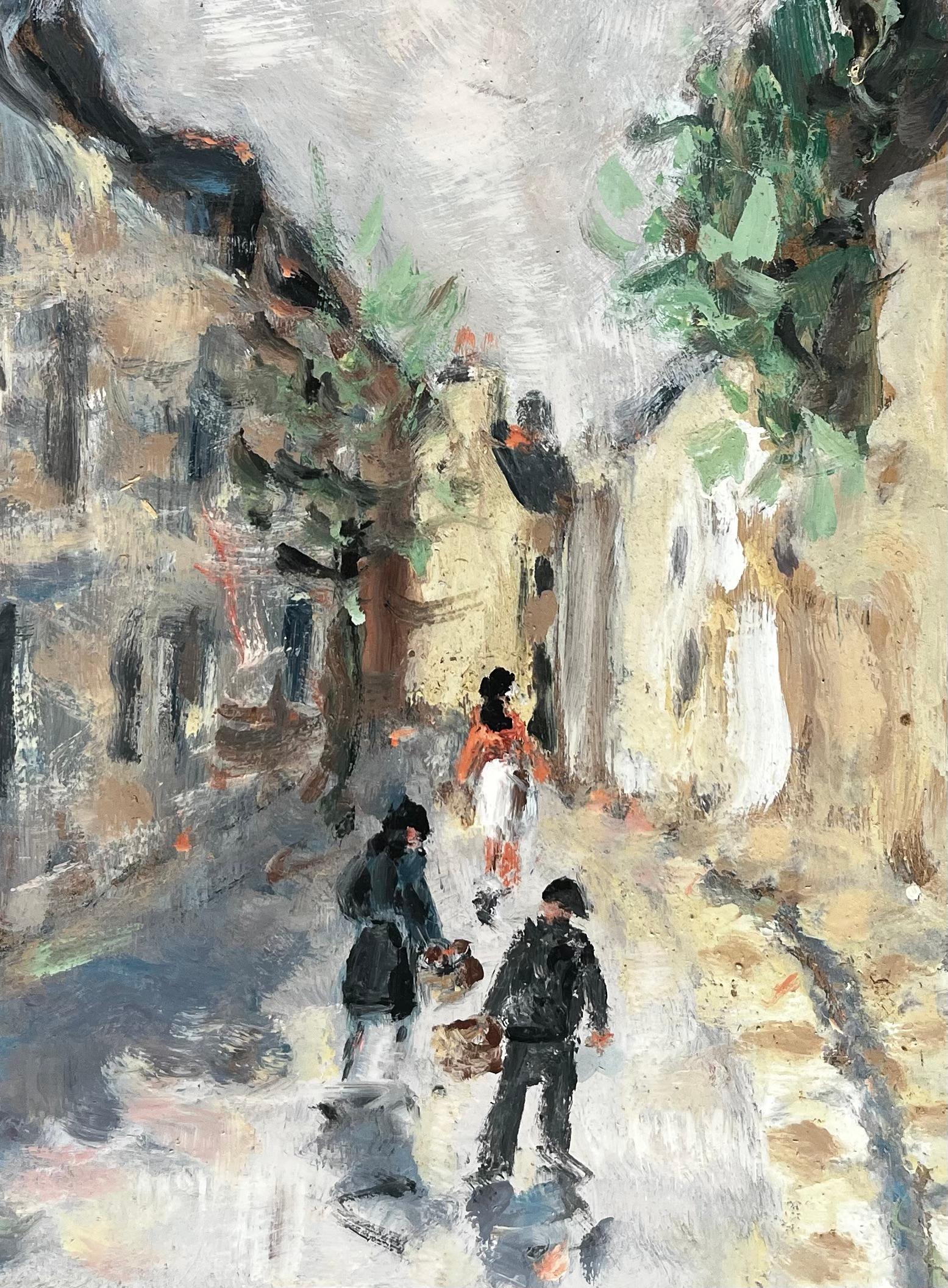 Scène de rue d'un village français avec personnages, Church's et flèche dans le style impressionniste en vente 2