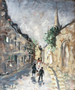 French Village Street Scene With Figures Church And Spire In Impressionist Style
