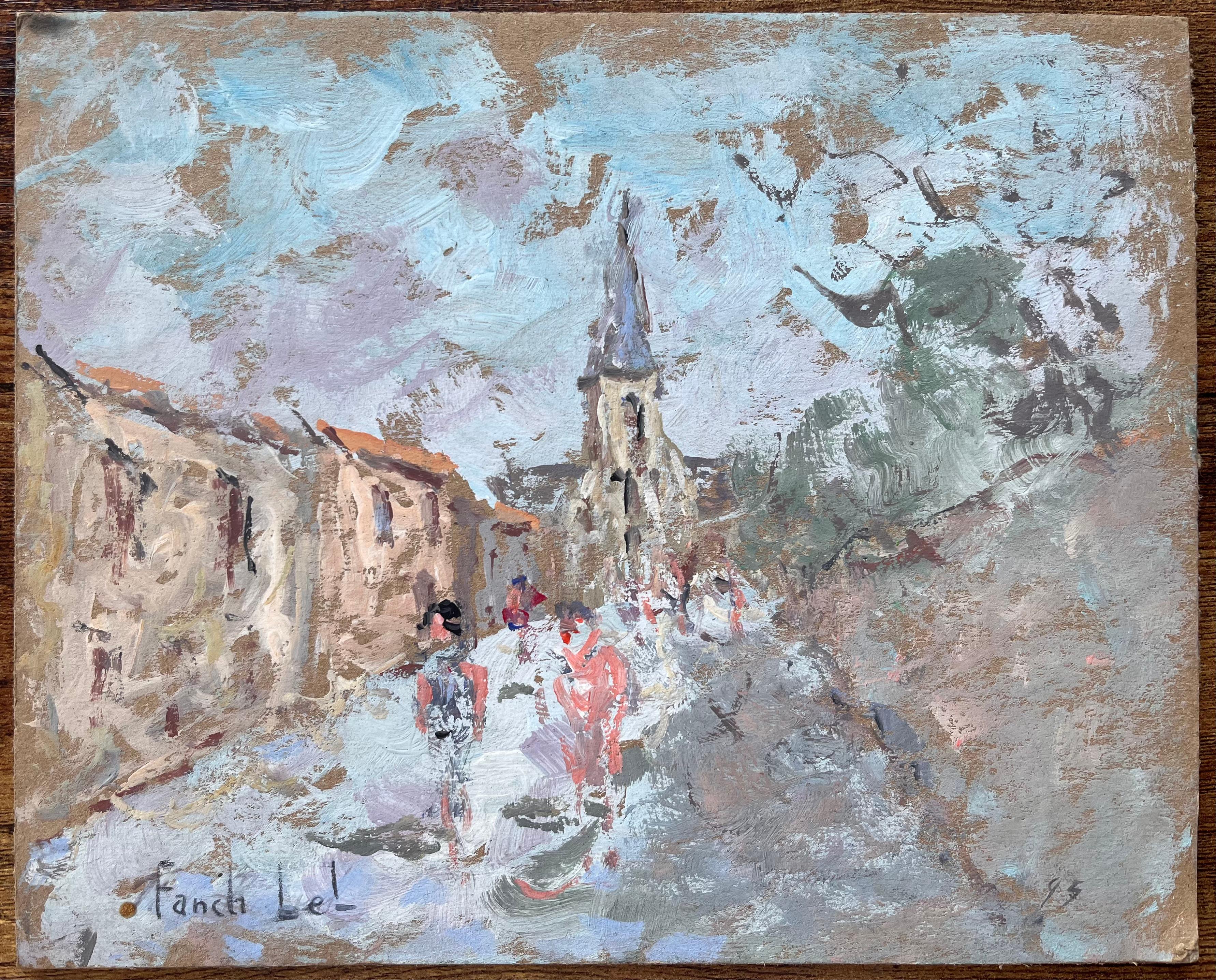 Street française avec flèche d'église et personnages au pastel doux - Painting de Fanch Lel