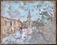 Calle de pueblo francés con aguja de iglesia y figuras en pasteles suaves