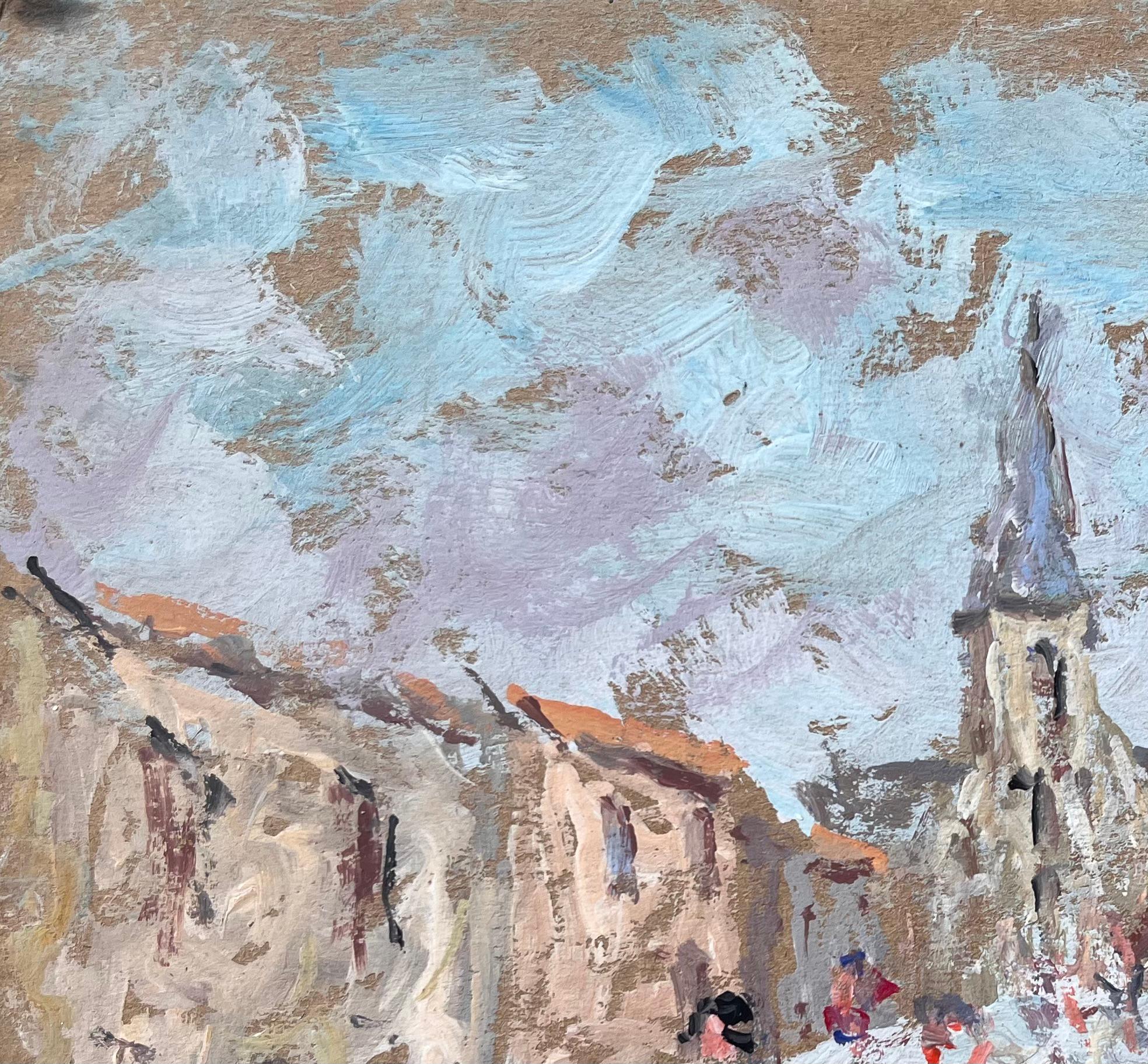 Street française avec flèche d'église et personnages au pastel doux - Impressionnisme Painting par Fanch Lel