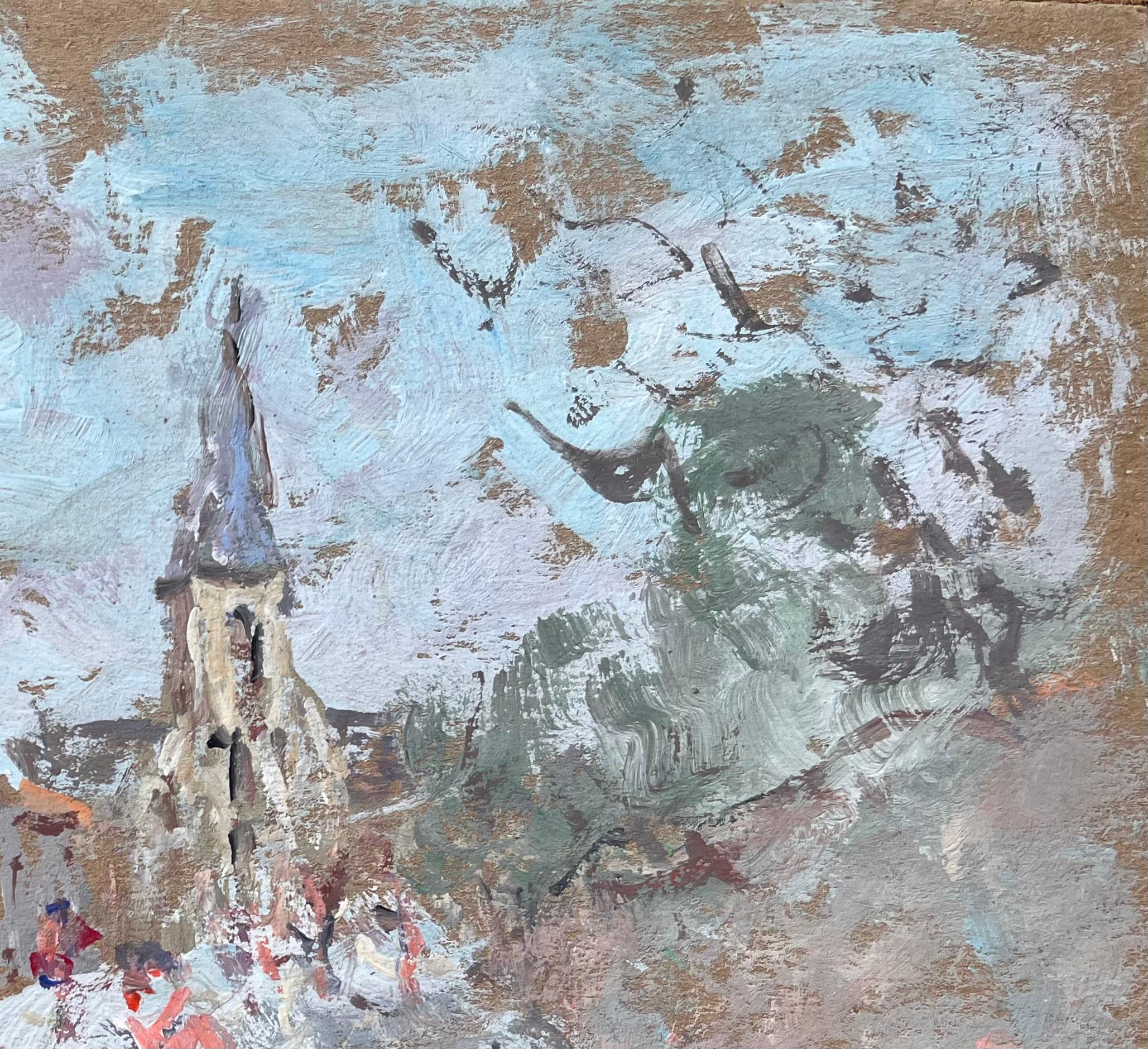 Street française avec flèche d'église et personnages au pastel doux - Gris Interior Painting par Fanch Lel