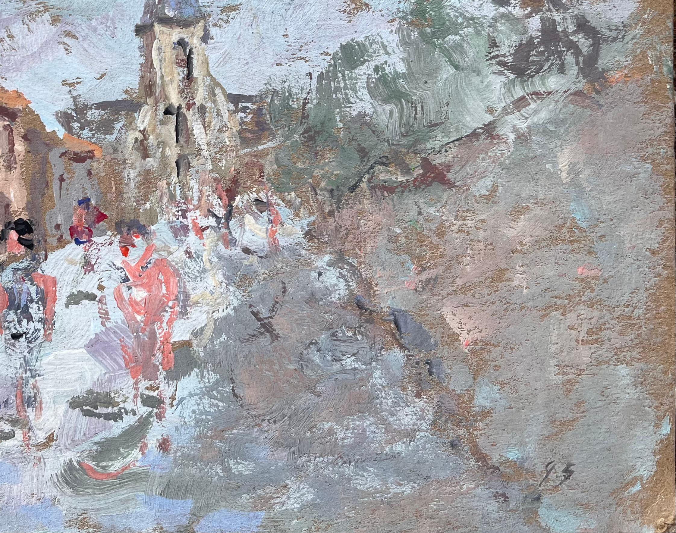 Street française avec flèche d'église et personnages au pastel doux en vente 1