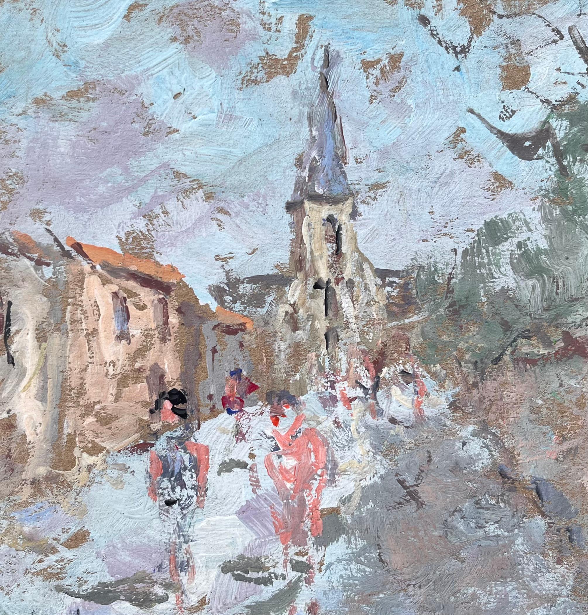 Street française avec flèche d'église et personnages au pastel doux en vente 2