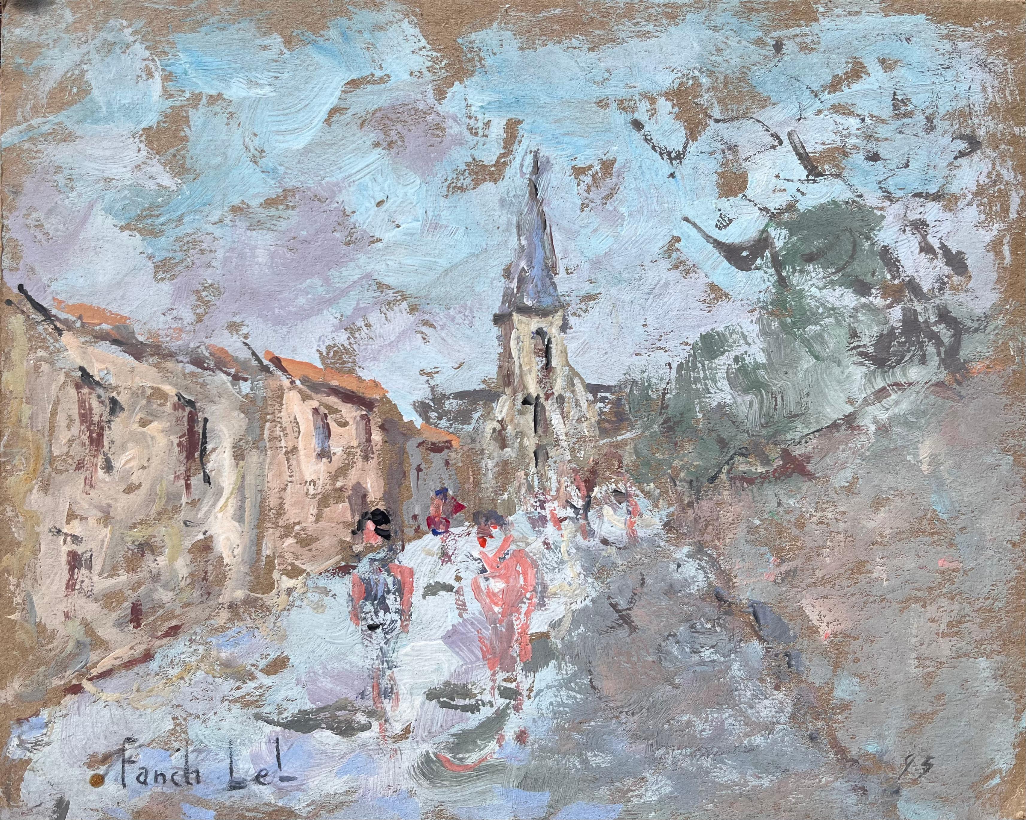Französische Dorfstraße mit Kirchturmspitze und Figuren in weichen Pastellfarben