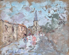 Calle de pueblo francés con aguja de iglesia y figuras en pasteles suaves