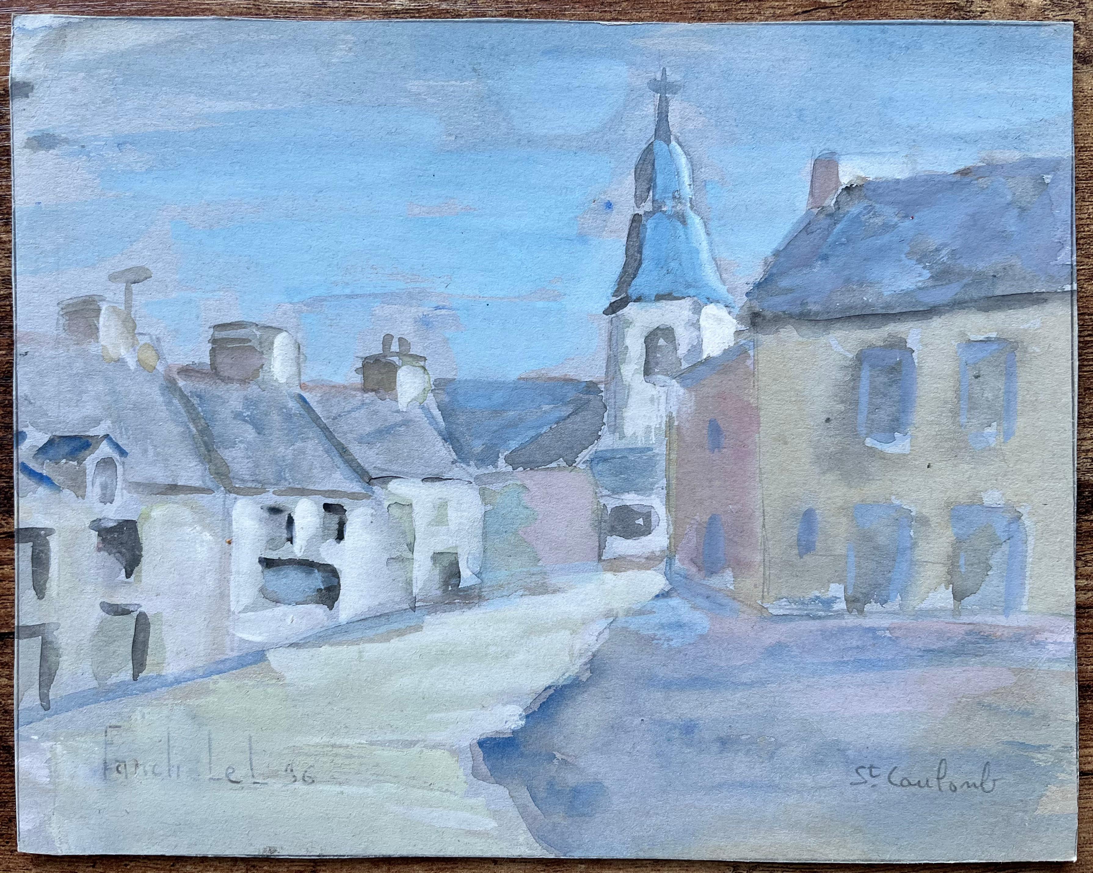 Acquerello del villaggio francese di Saint-Carreuc con la guglia della chiesa - Painting di Fanch Lel