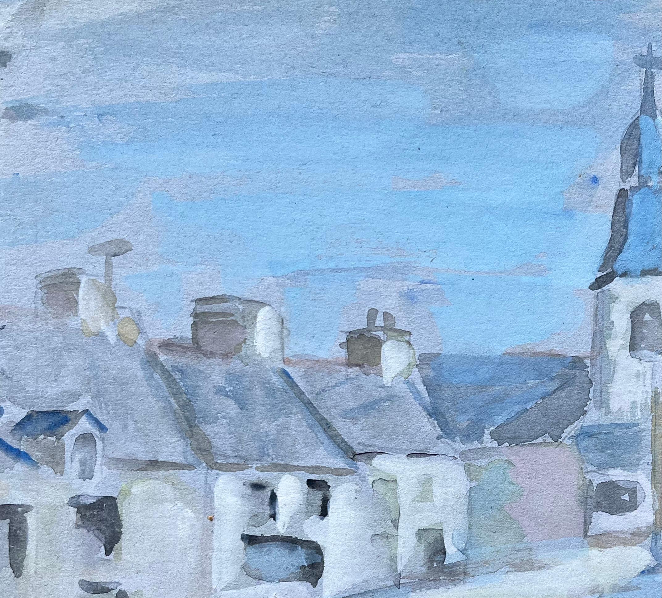 Acquerello del villaggio francese di Saint-Carreuc con la guglia della chiesa - Figurative Painting Blu di Fanch Lel