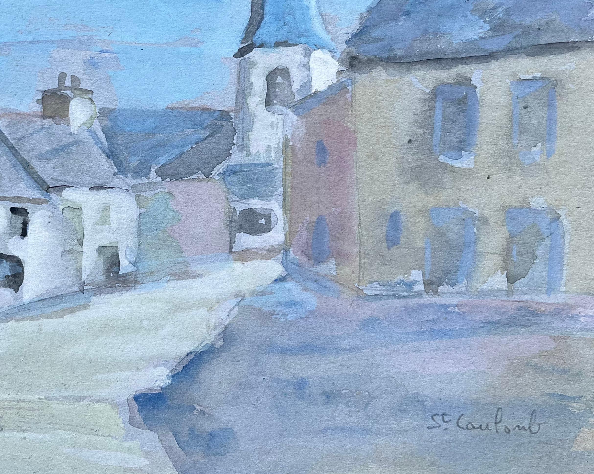 Acquerello del villaggio francese di Saint-Carreuc con la guglia della chiesa in vendita 1