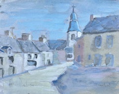 French Village Watercolour of Saint-Carreuc with Church Spire