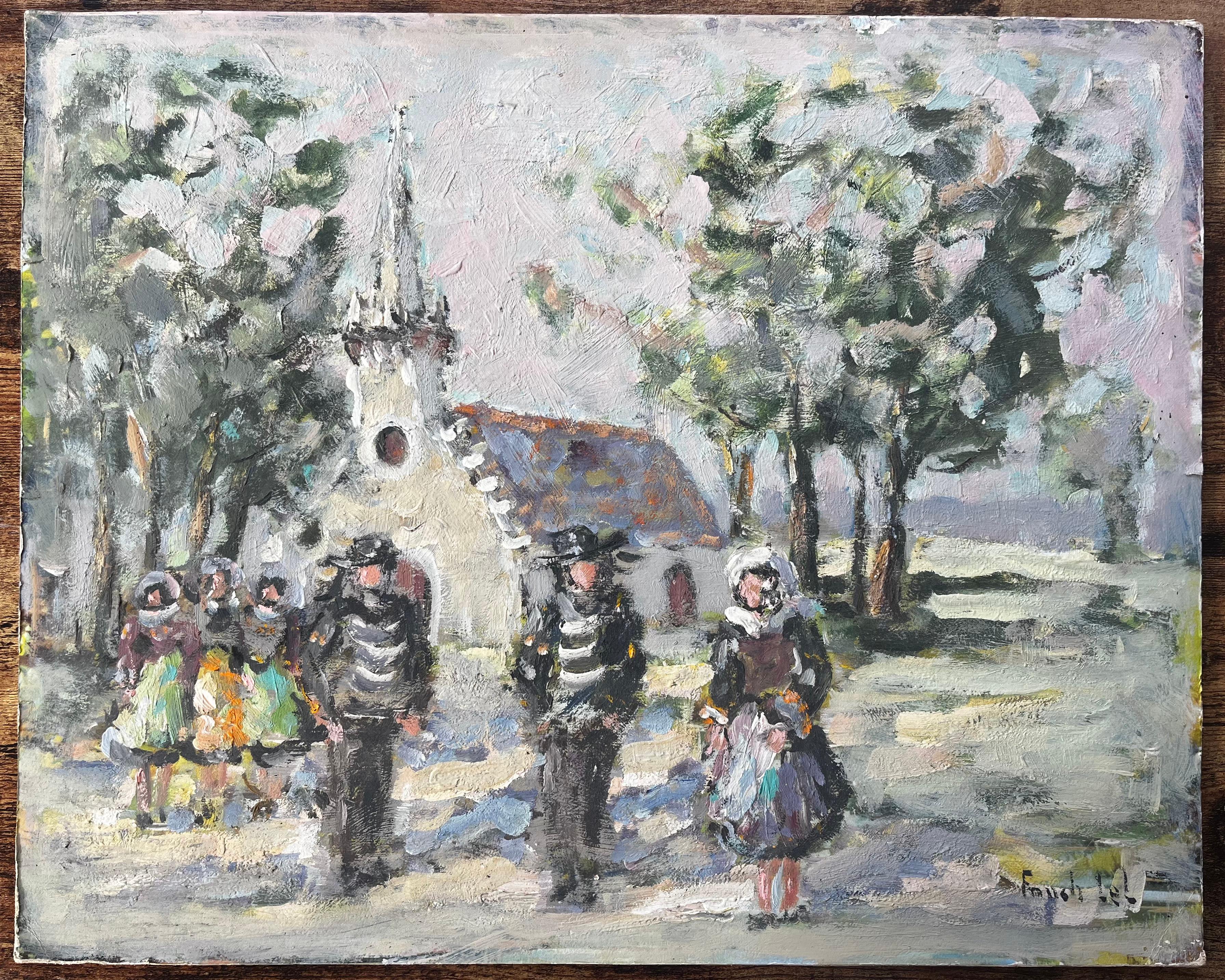 French Village Wedding Scene With Church Trees And Traditional Dress Painting - Gray Landscape Painting by Fanch Lel